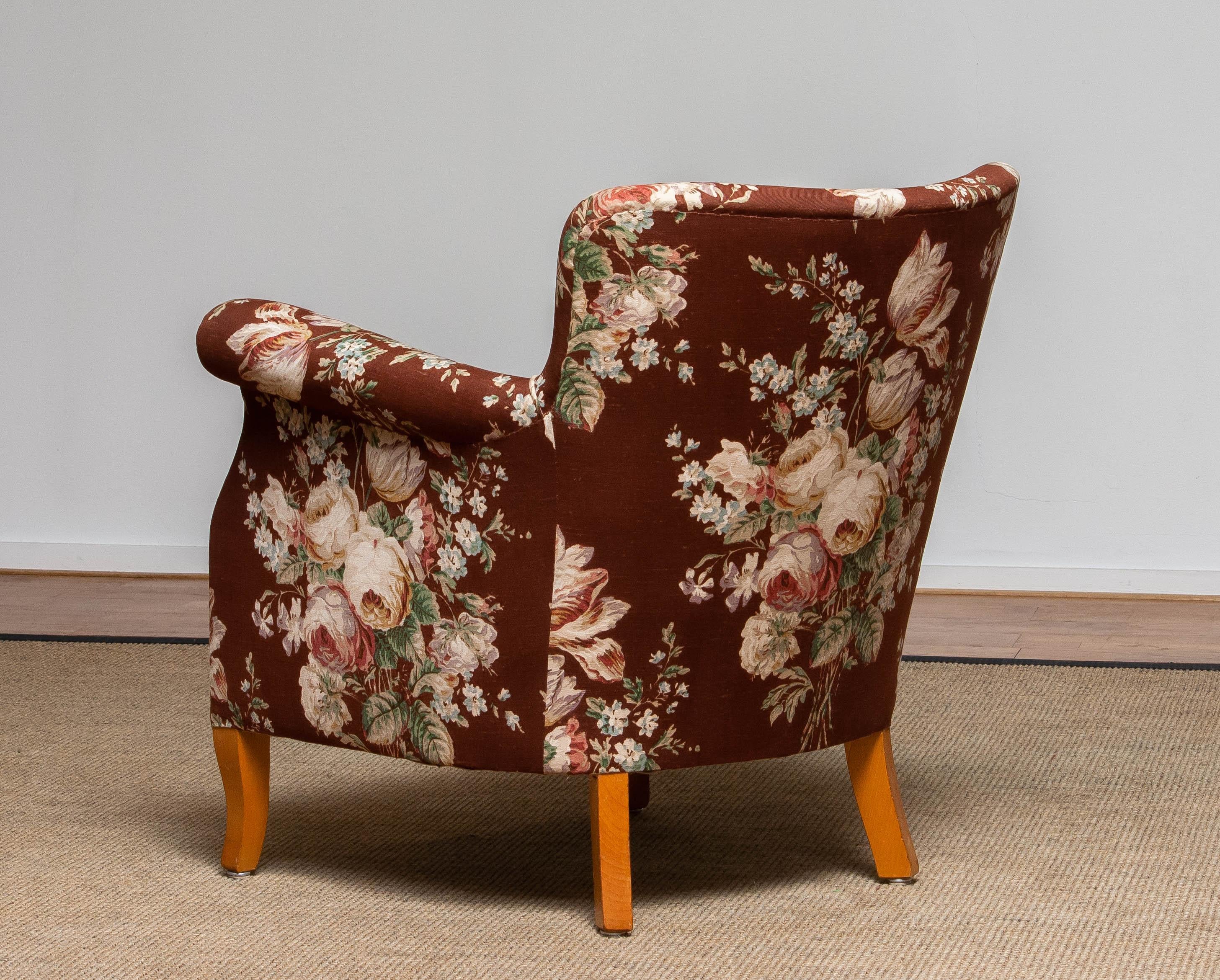 Mid-Century Modern 1950s Scandinavian Floral Printed Brown Linen Lounge / Easy Chair from Sweden