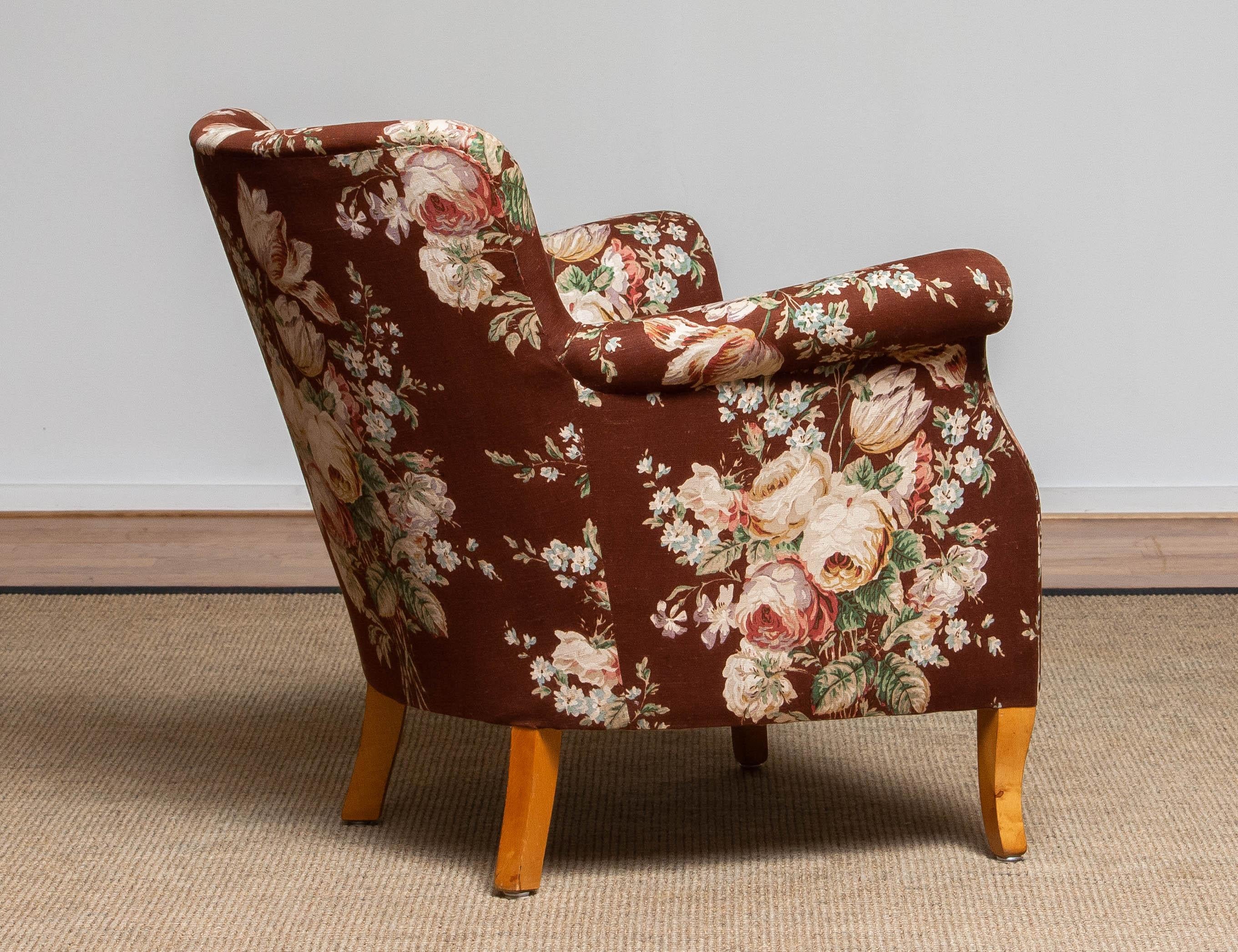 Swedish 1950s Scandinavian Floral Printed Brown Linen Lounge / Easy Chair from Sweden