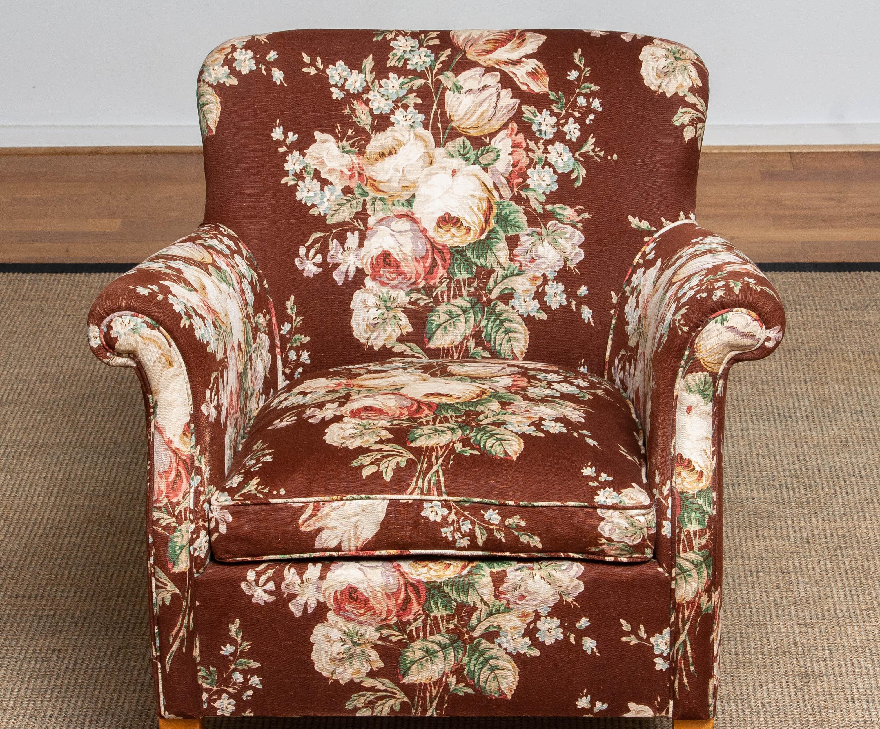 Mid-20th Century 1950s Scandinavian Floral Printed Brown Linen Lounge / Easy Chair from Sweden