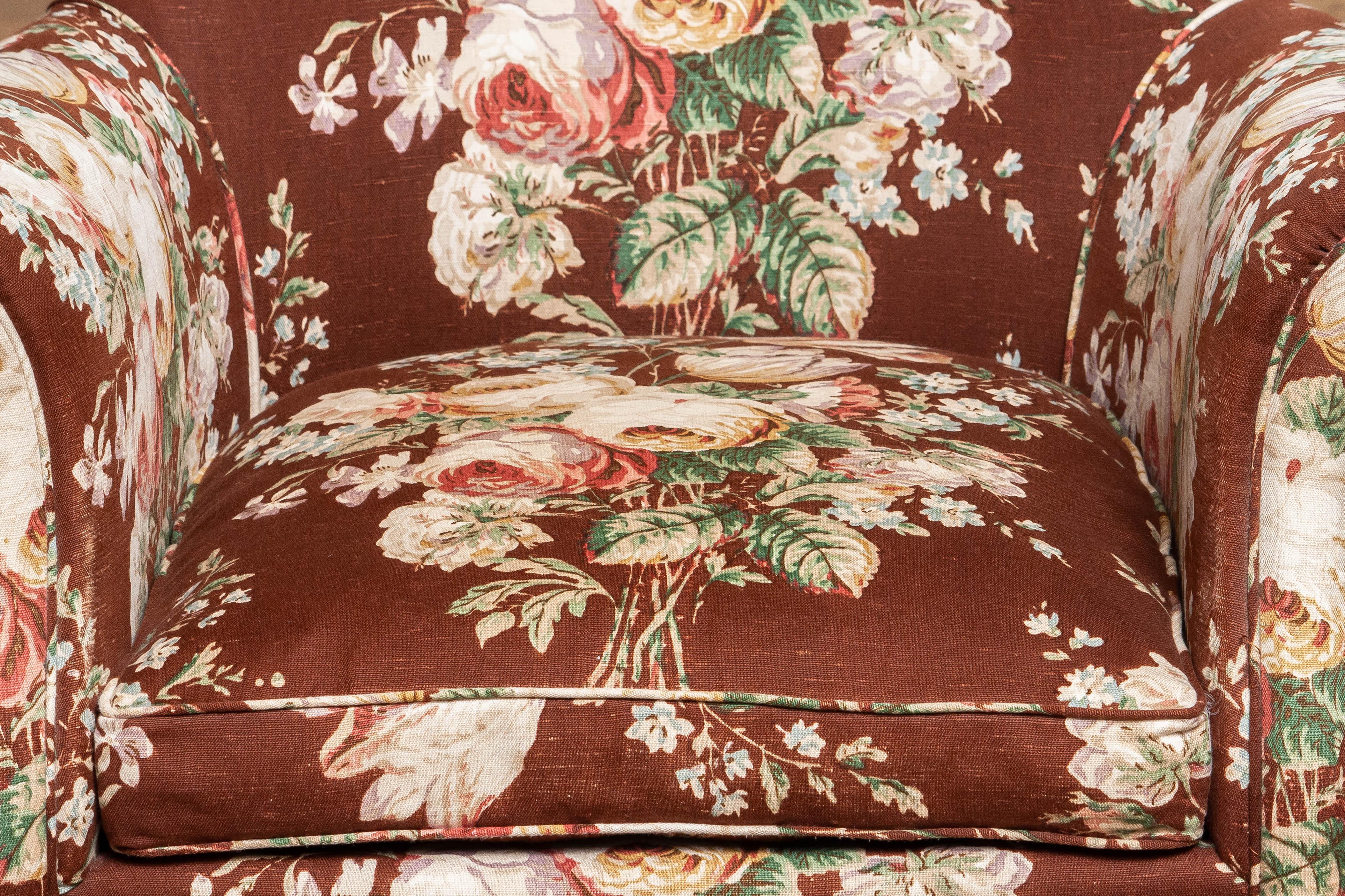 1950s Scandinavian Floral Printed Brown Linen Lounge / Easy Chair from Sweden 1