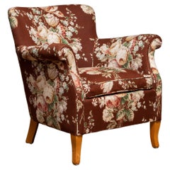 1950s Scandinavian Floral Printed Brown Linen Lounge / Easy Chair from Sweden
