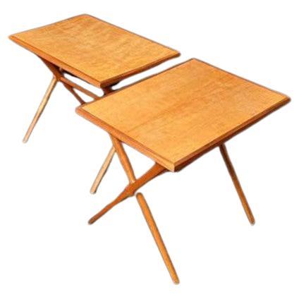 1950s Scandinavian Folding Wood Side  End Tables For Sale