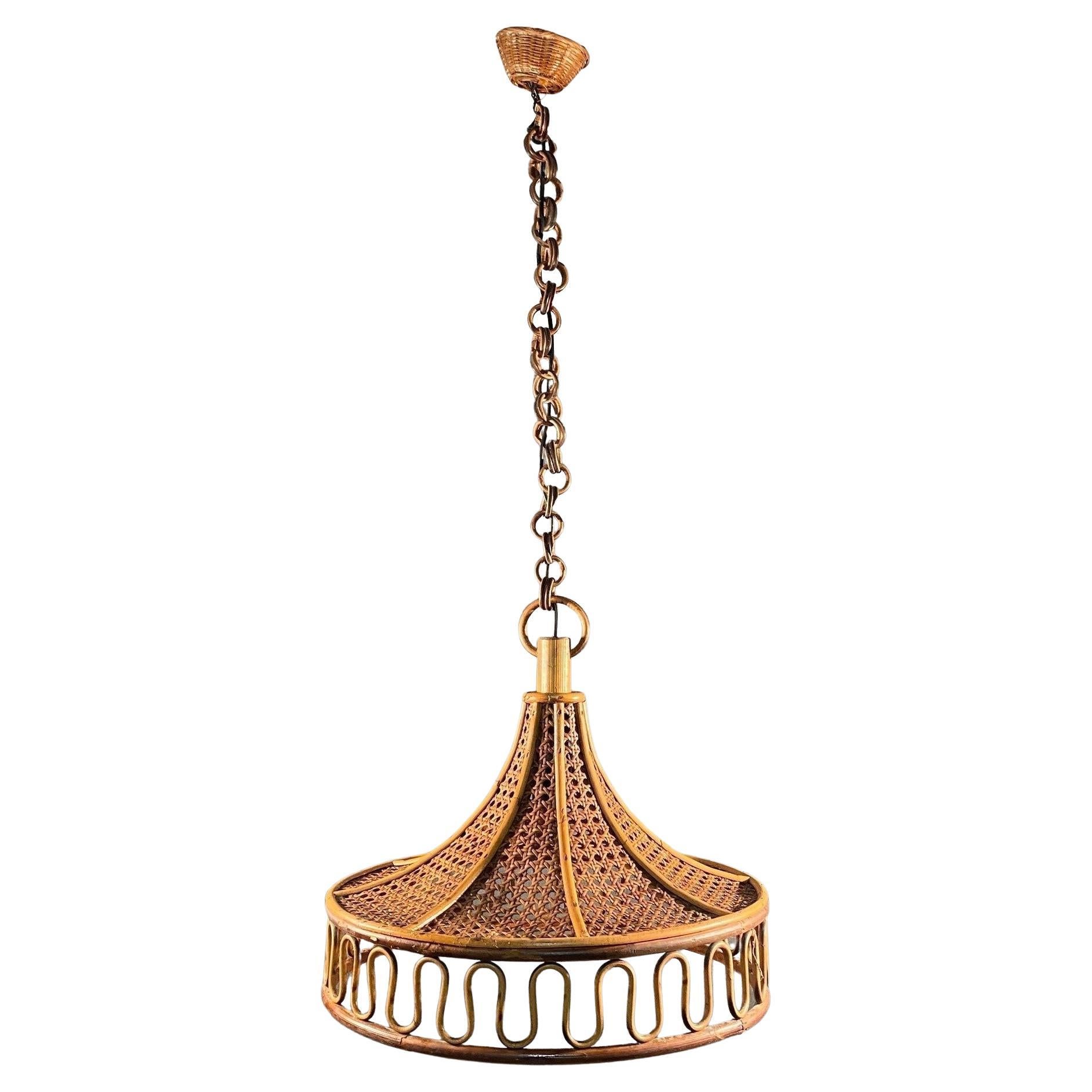 Midcentury Scandinavian Natural Rattan Woven Basket Pendant Light