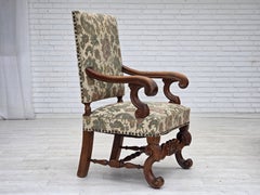 1950s, Scandinavian highback armchair, furniture fabric, hand carved oak wood.