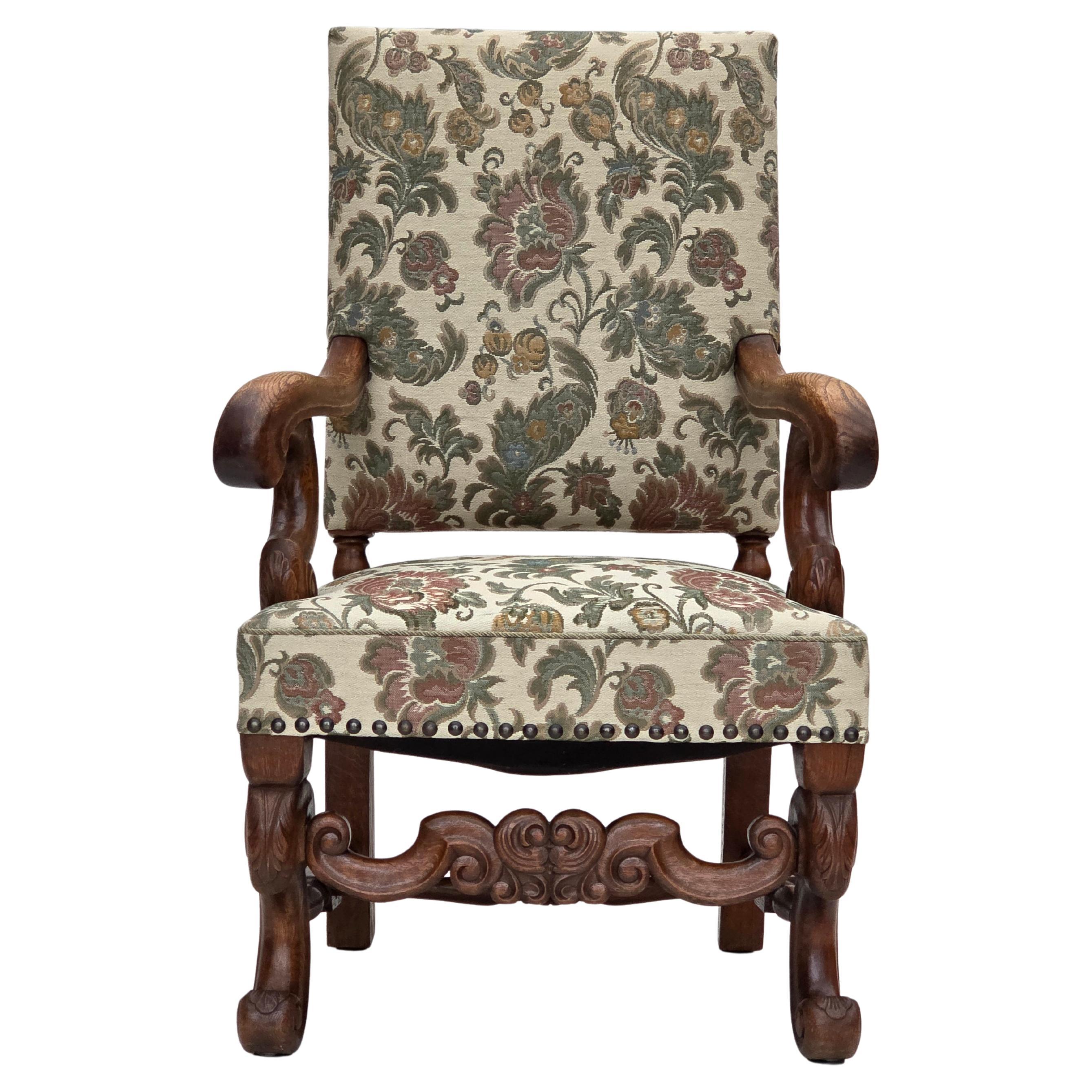 1950s, Scandinavian highback armchair, furniture fabric, hand carved oak wood. For Sale