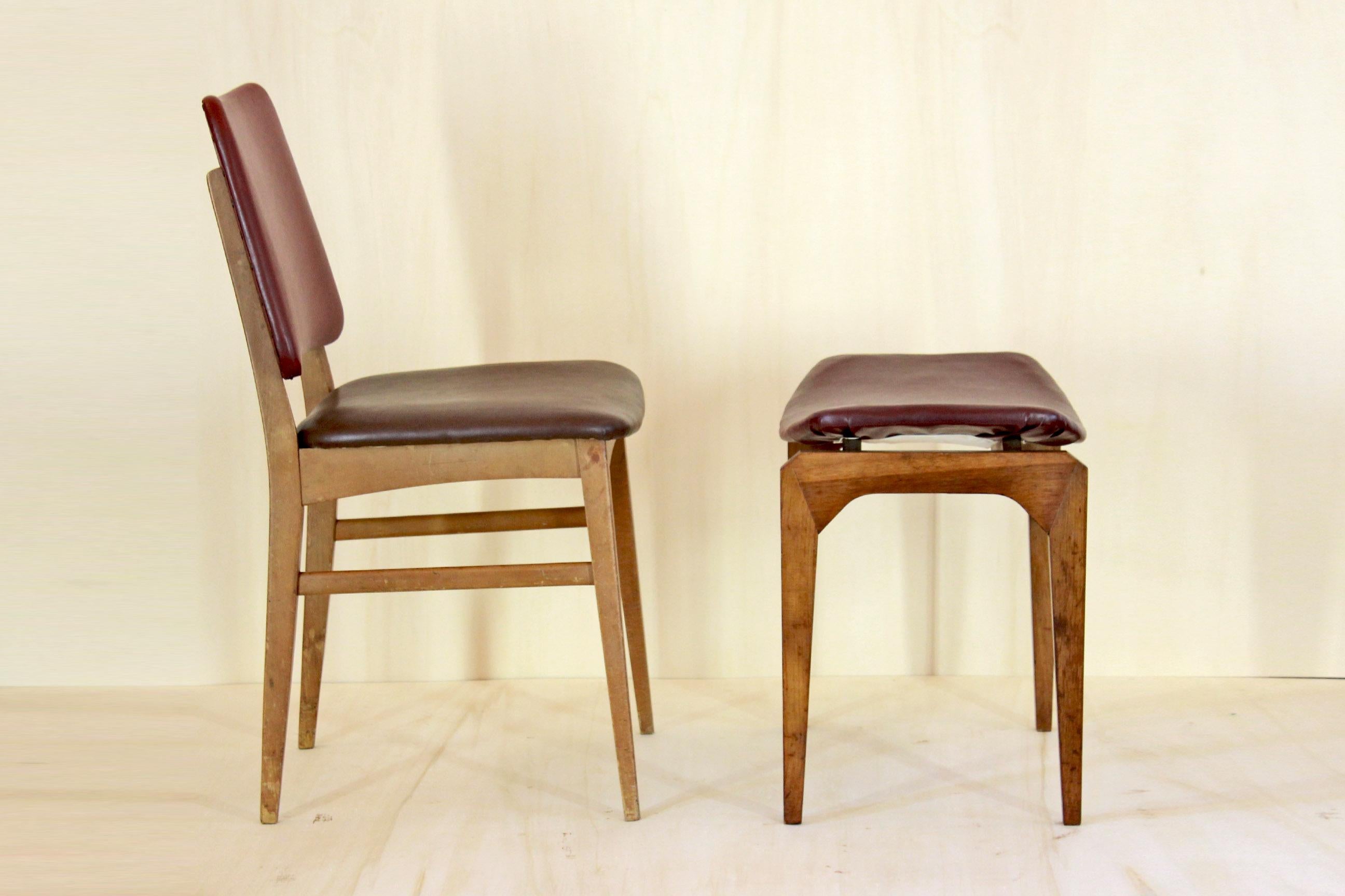 1950s Vintage Wood Chair and Pouf in Scandinavian Style 2