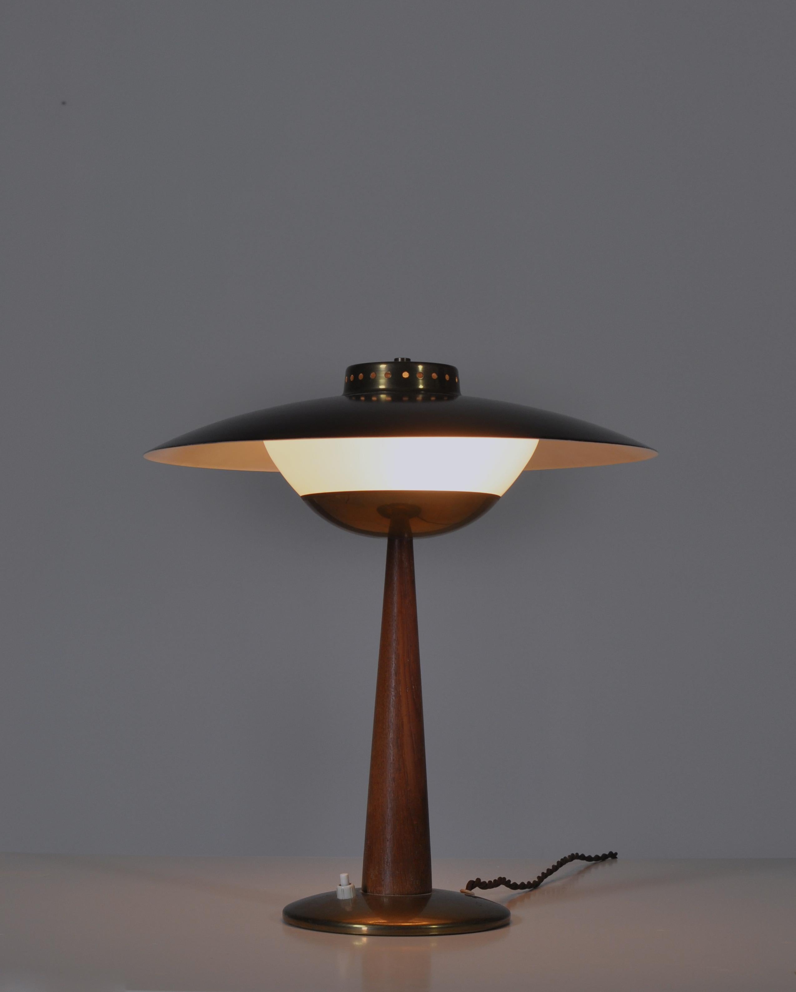 Danish 1950s Scandinavian Modern Table Lamp in Brass, Opal Glass and Teakwood