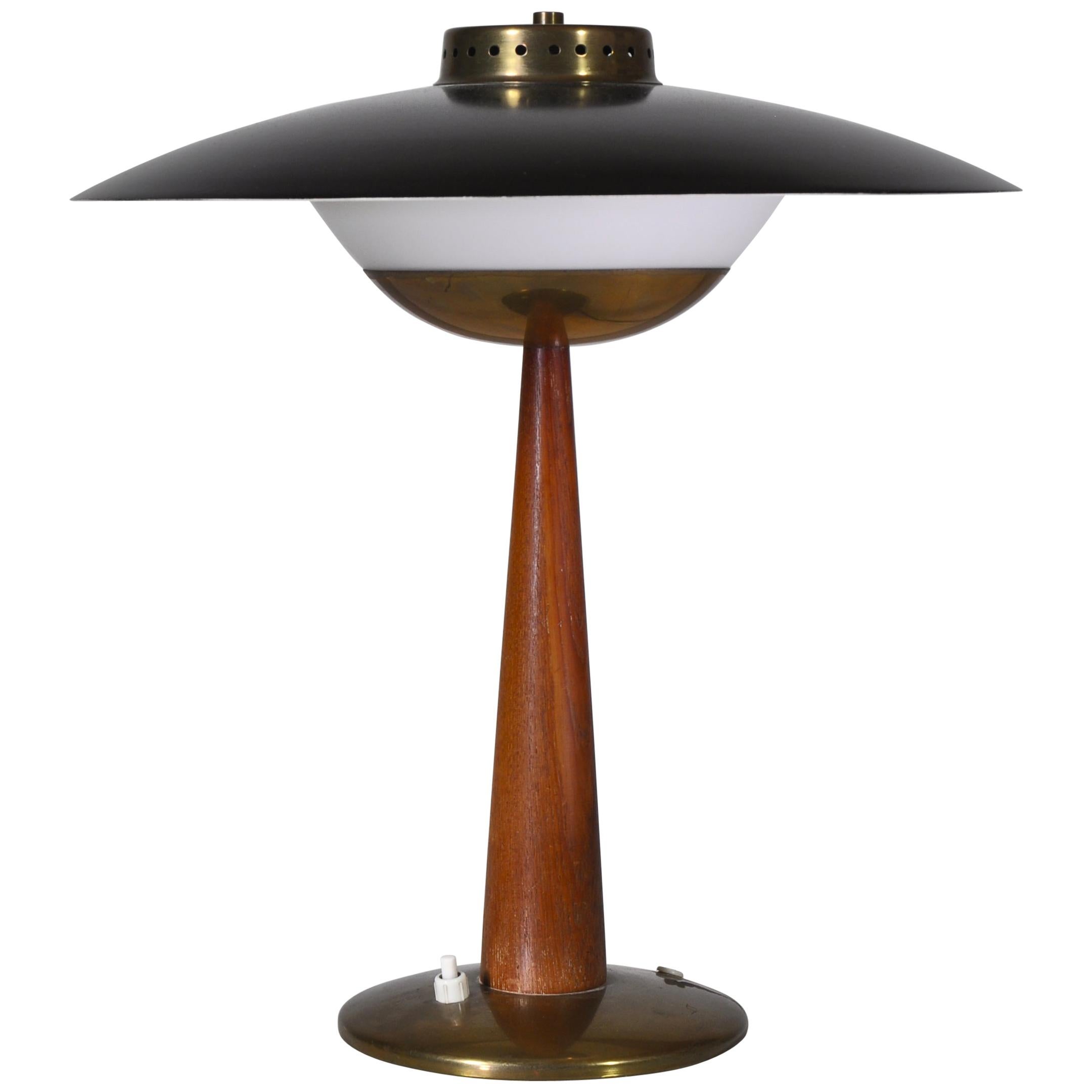 1950s Scandinavian Modern Table Lamp in Brass, Opal Glass and Teakwood