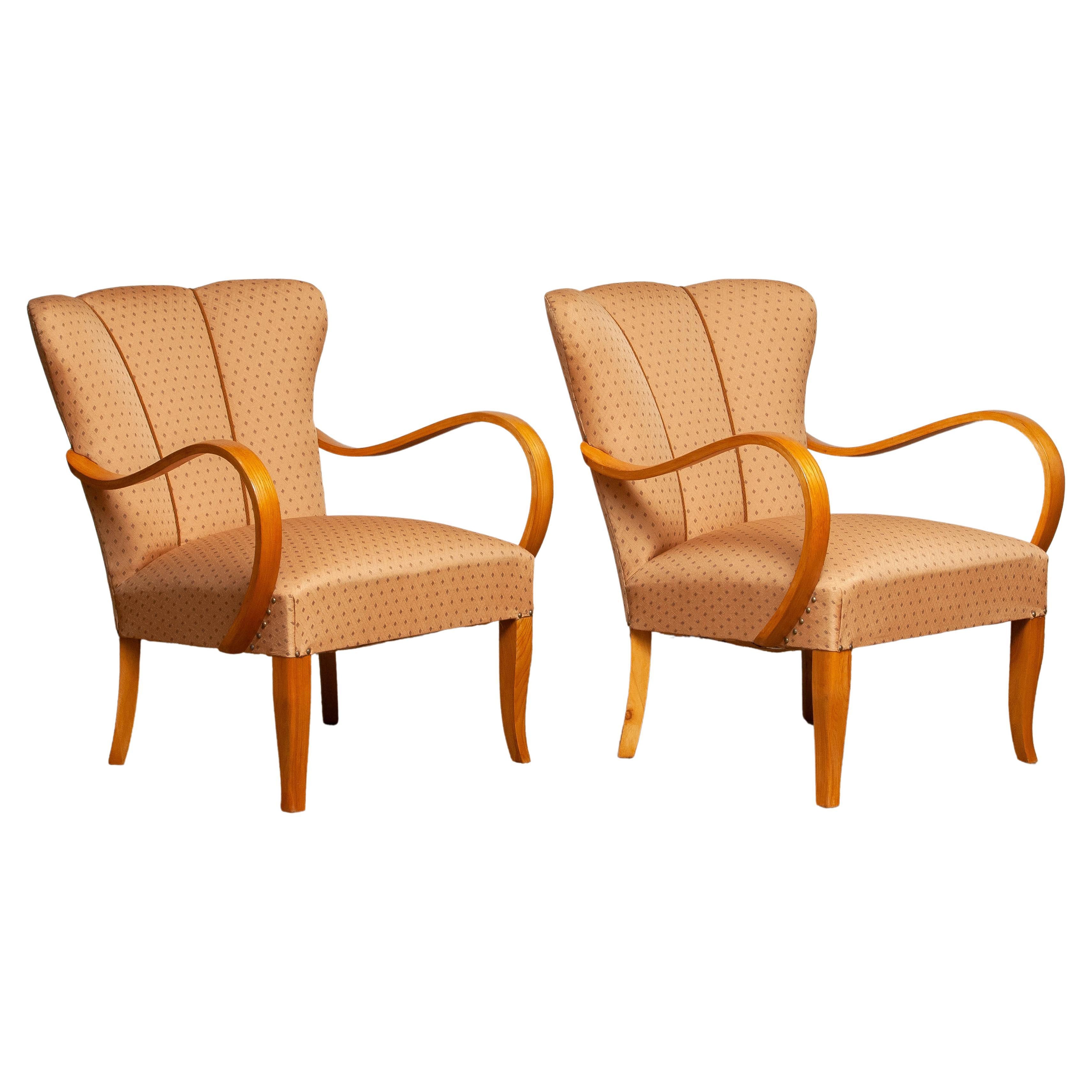 1950's Scandinavian Pair Bentwood Armchairs Club Easy Chairs From Sweden in Elm For Sale