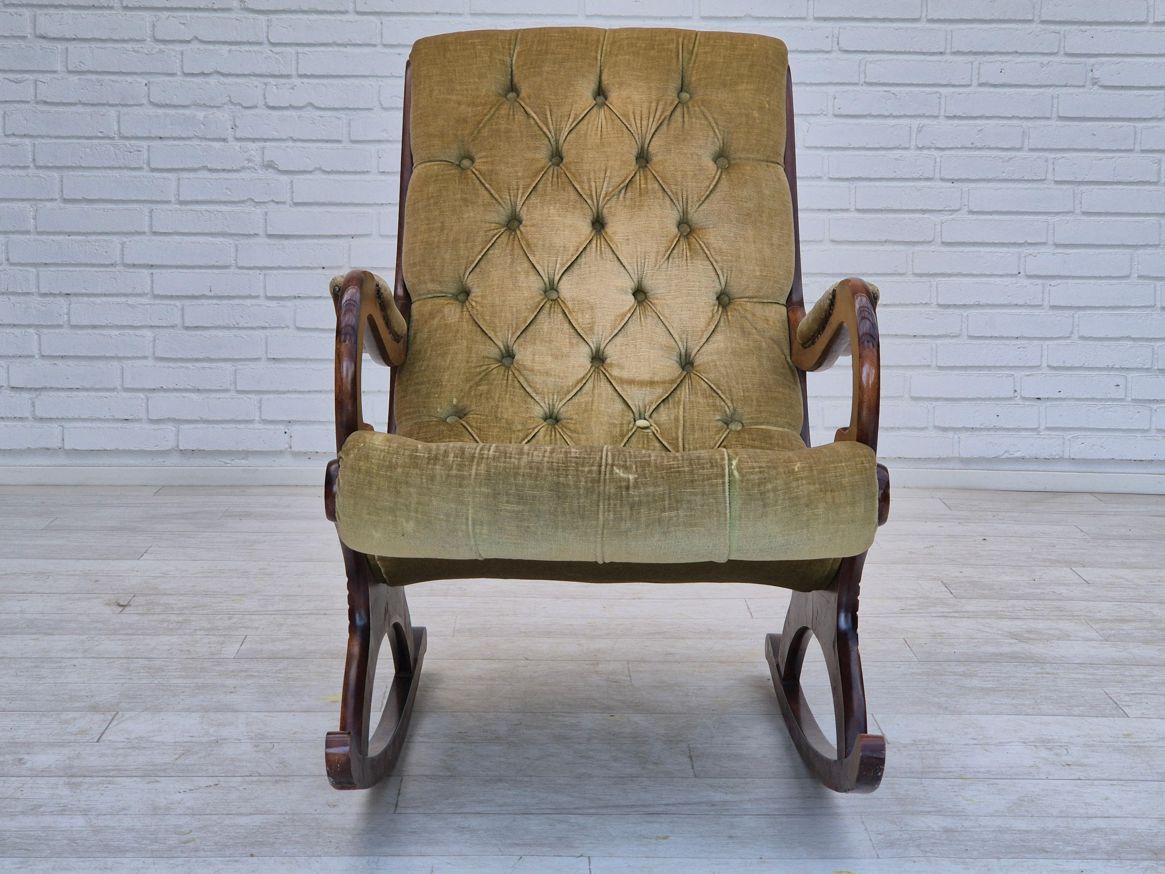 Scandinavian Modern 1950s, Scandinavian rocking chair, vintage green furniture velour. For Sale