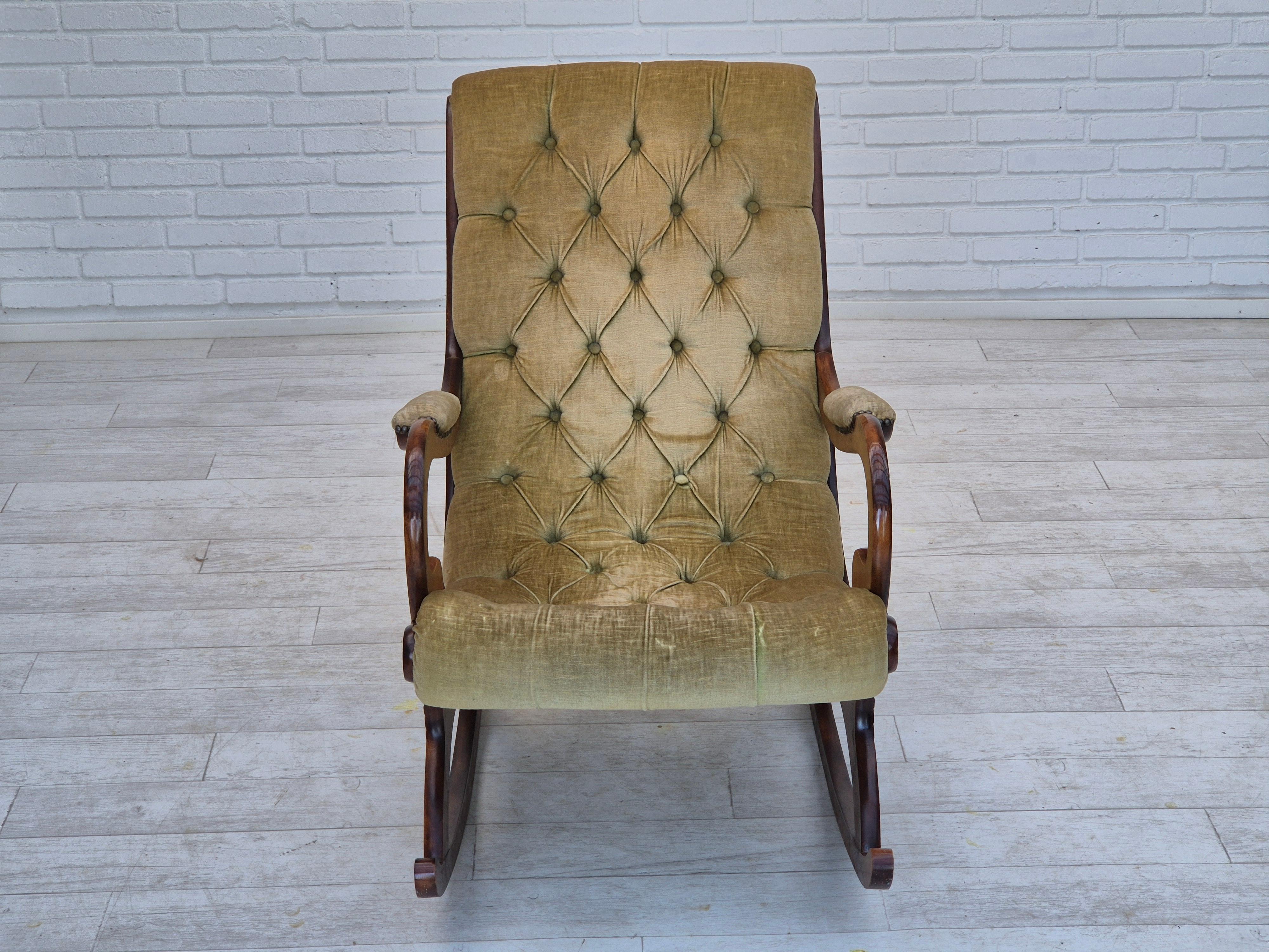 Danish 1950s, Scandinavian rocking chair, vintage green furniture velour. For Sale