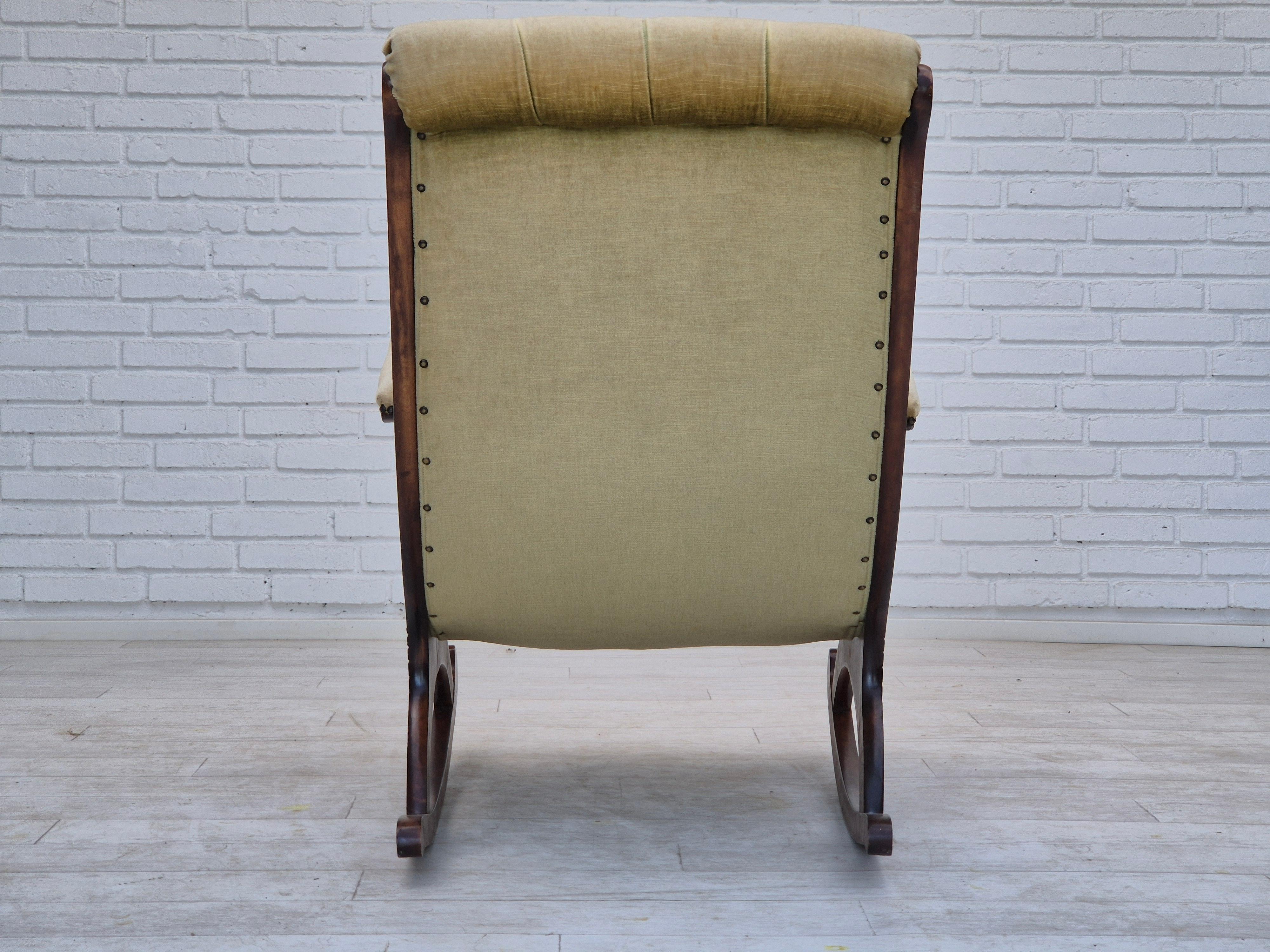 Velvet 1950s, Scandinavian rocking chair, vintage green furniture velour. For Sale