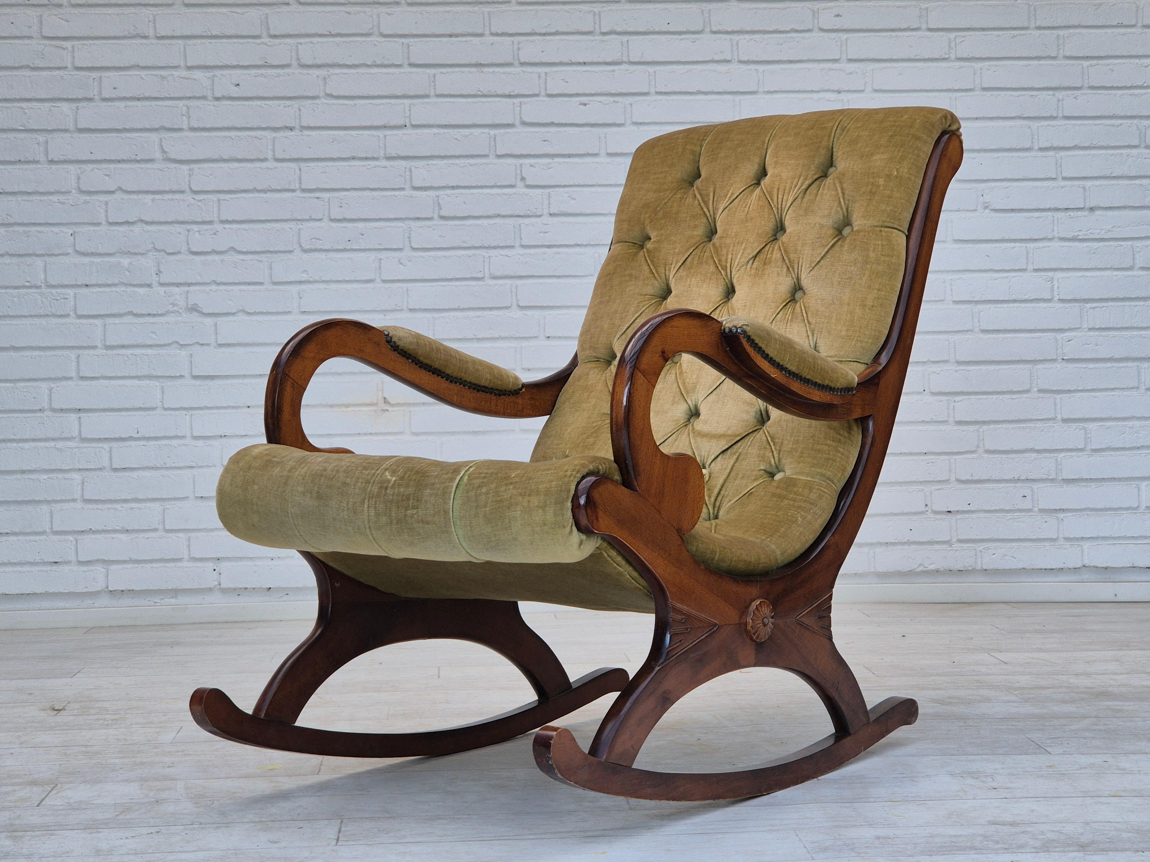 1950s, Scandinavian rocking chair, vintage green furniture velour. For Sale 1