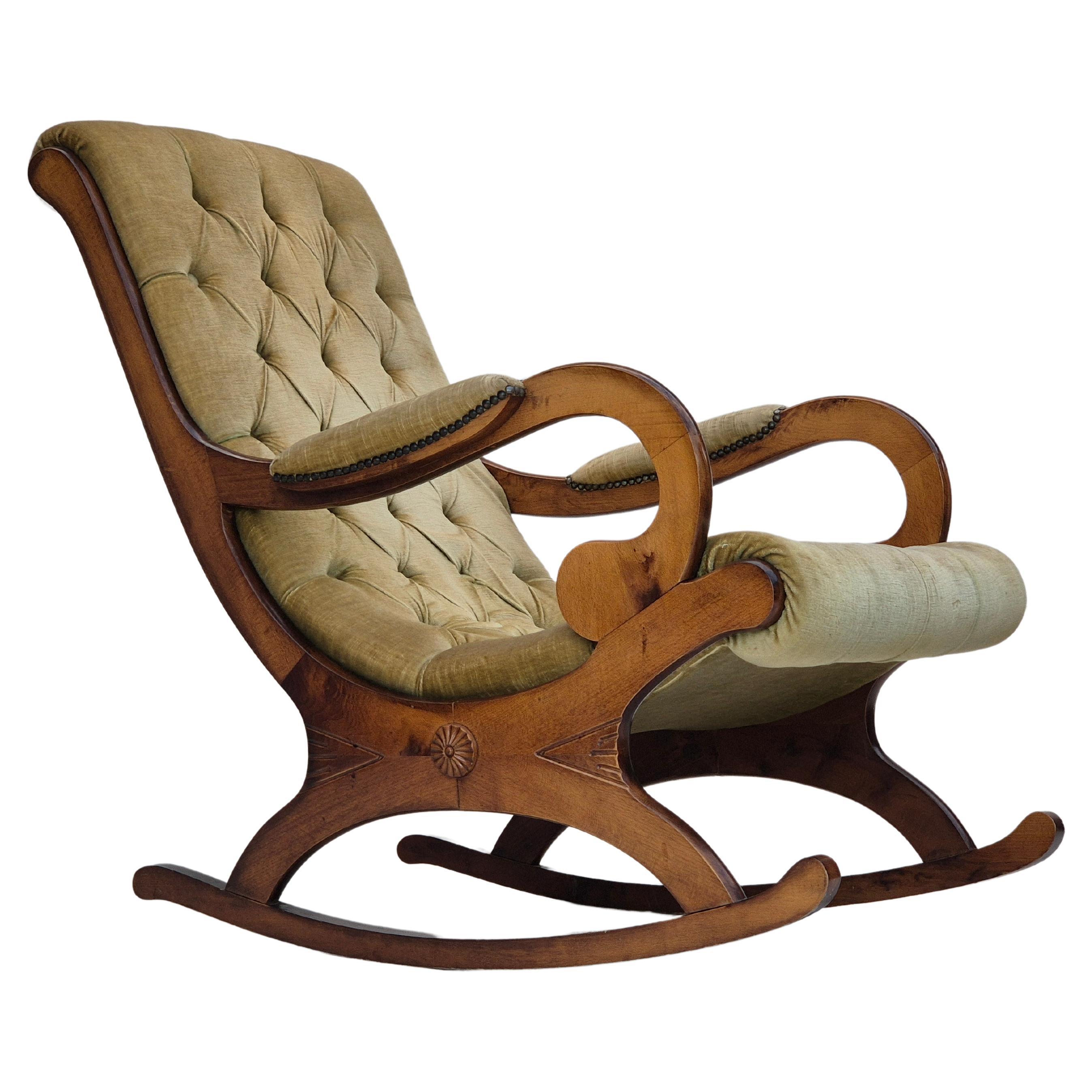 1950s, Scandinavian rocking chair, vintage green furniture velour.
