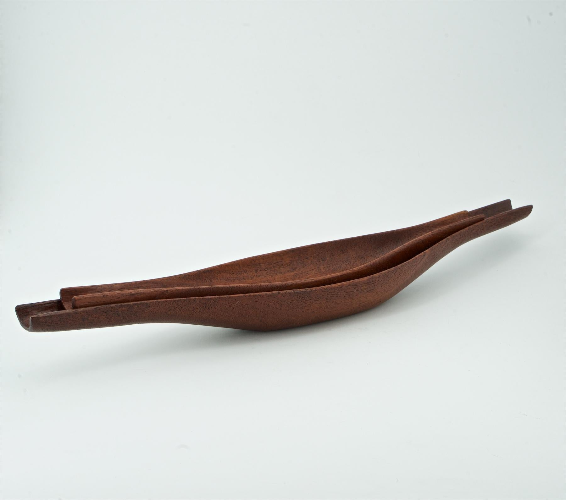 Mid-Century Modern 1950s Scandinavian Stig Sandqvist Hand Carved Teak Canoe Bowls Sculptures Design For Sale