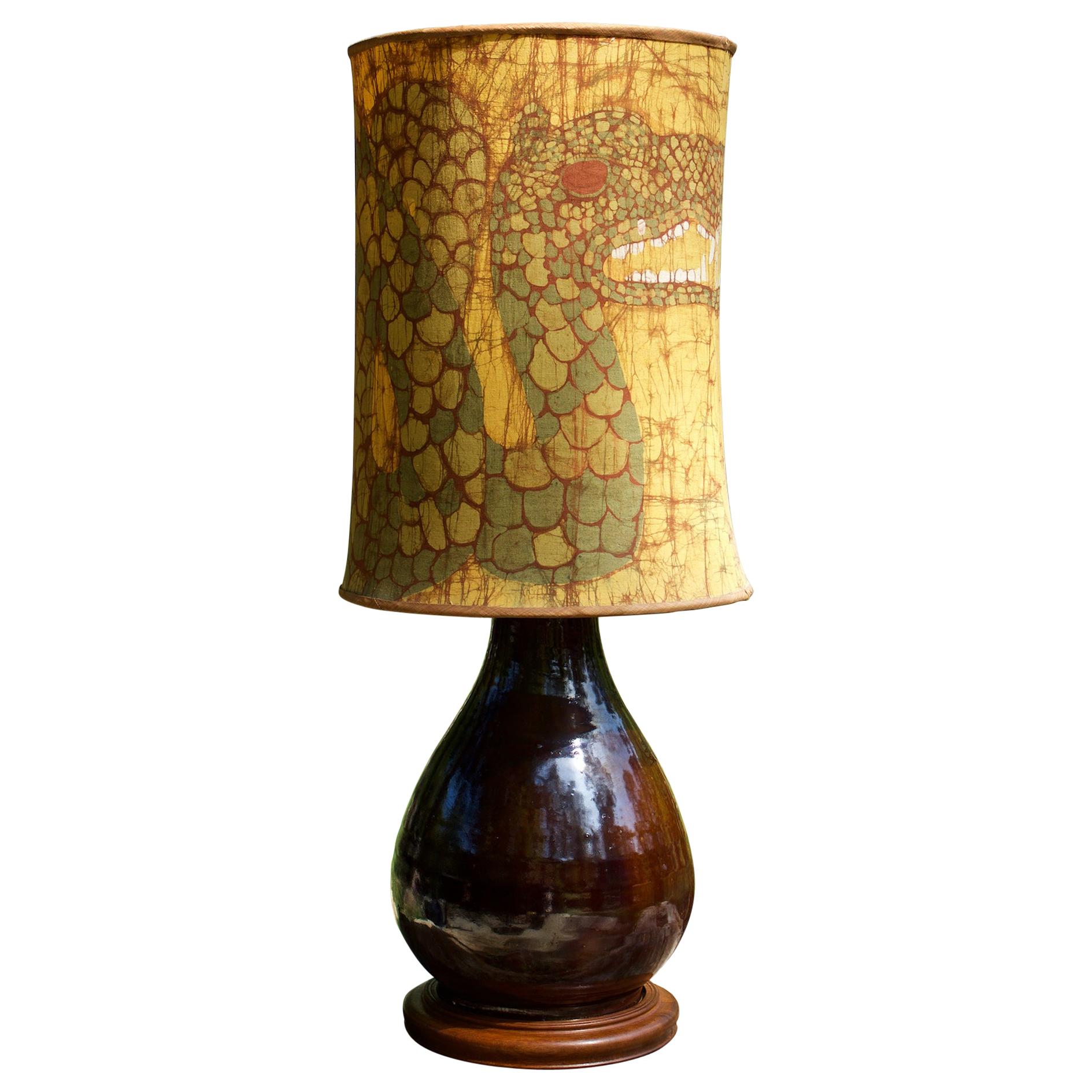 1950s Scandinavian Stoneware Teak Table Lamp Dragon Shade Midcentury Pukeberg