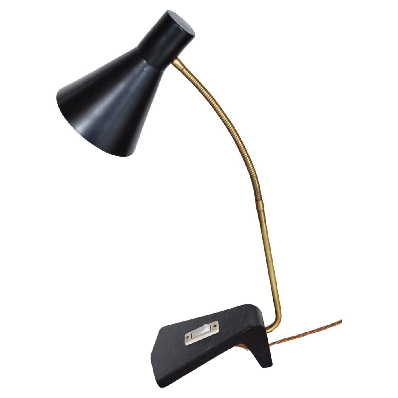 1950s Scandinavian Swan Neck Gooseneck Task Desk Lamp Black & Brass Midcentury   For Sale