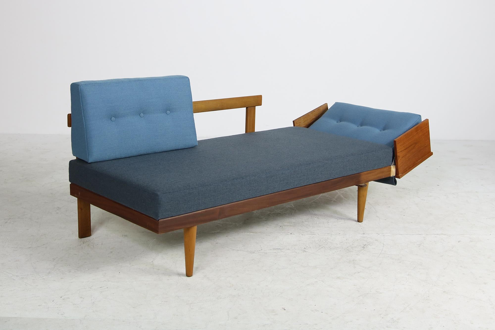 Fabric 1950s Scandinavian Teak & Beechwood Daybed, Extendable Svane Møbler Norway Sofa