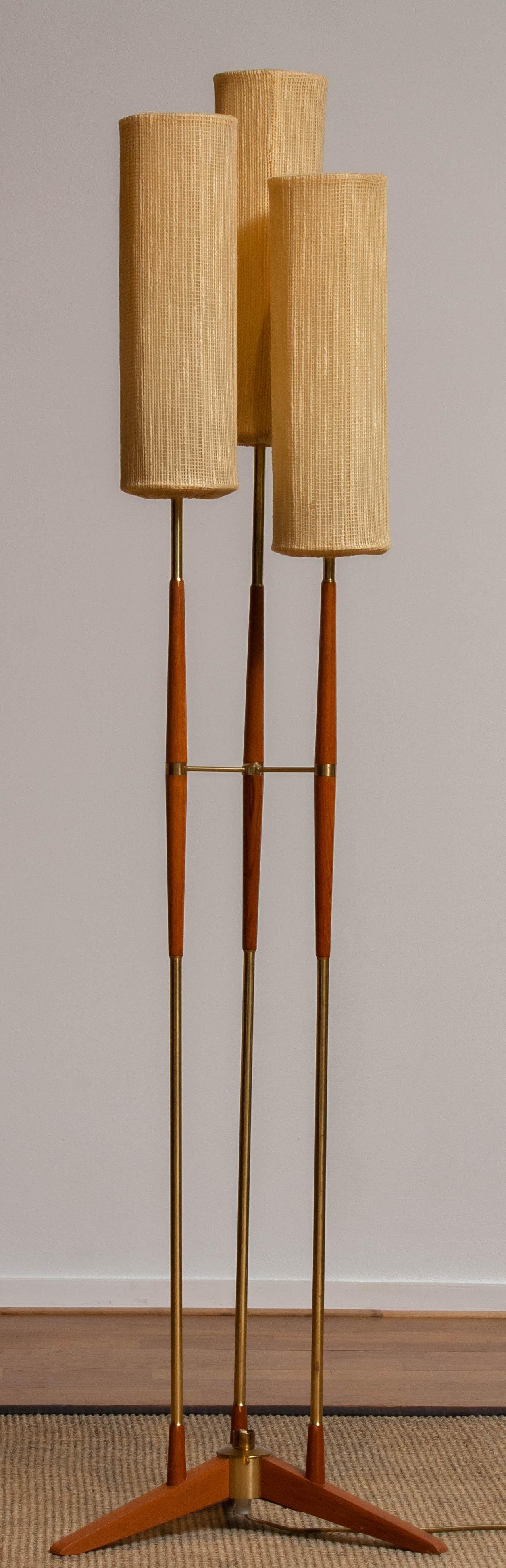 European 1950s, Scandinavian Three Shades Brass and Teak Floor Lamp by Möllers, Sweden