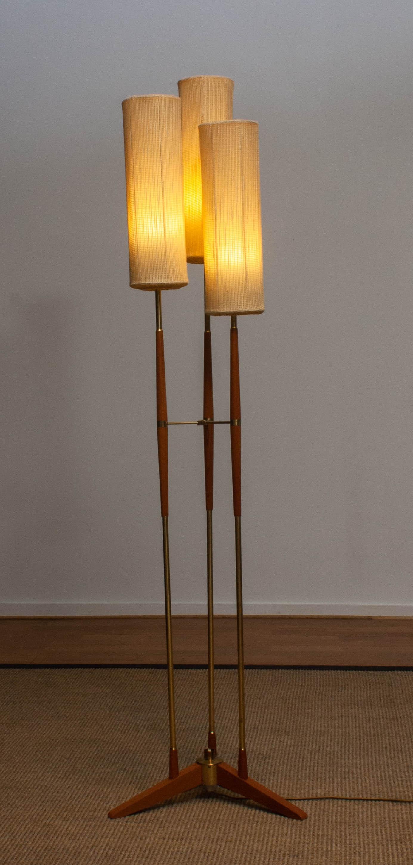 Mid-20th Century 1950s, Scandinavian Three Shades Brass and Teak Floor Lamp by Möllers, Sweden