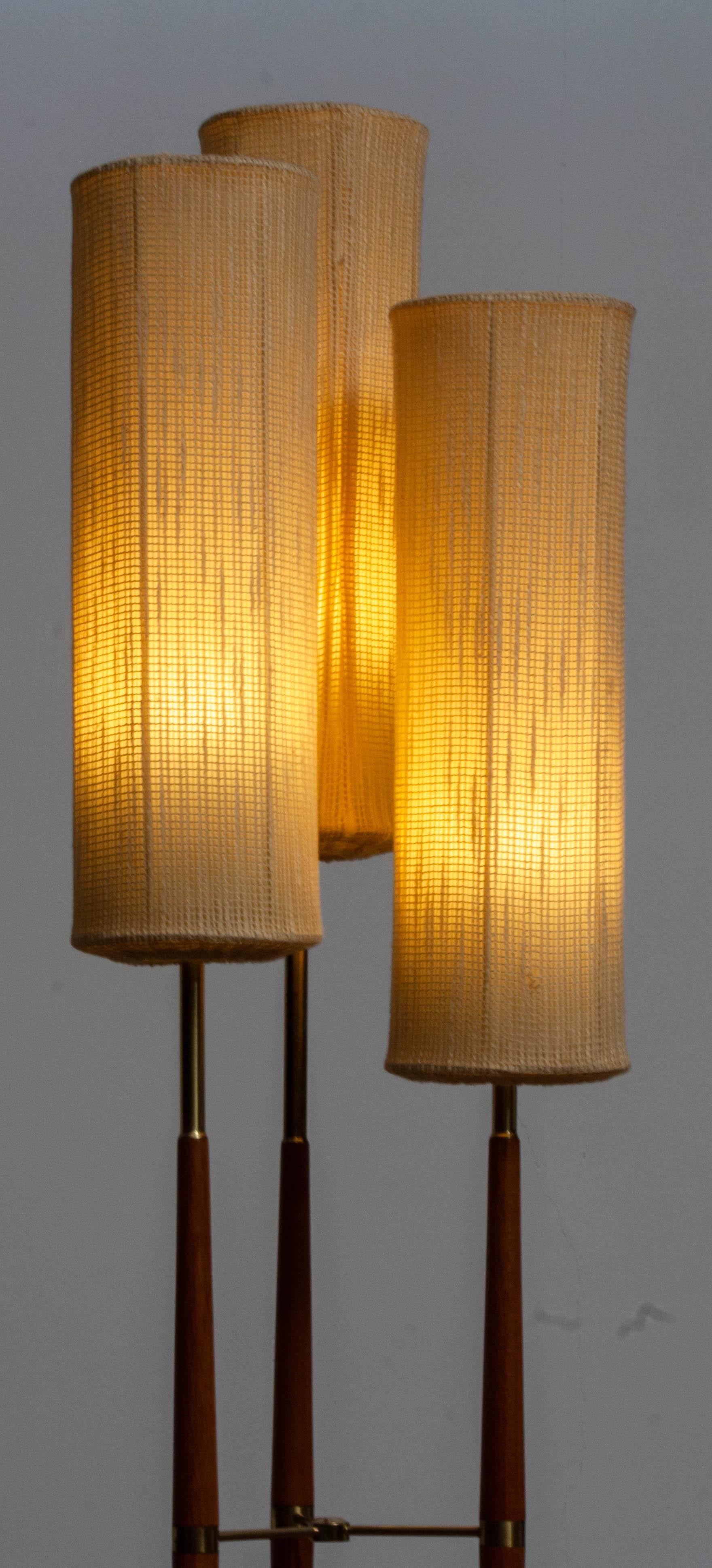 1950s, Scandinavian Three Shades Brass and Teak Floor Lamp by Möllers, Sweden 1