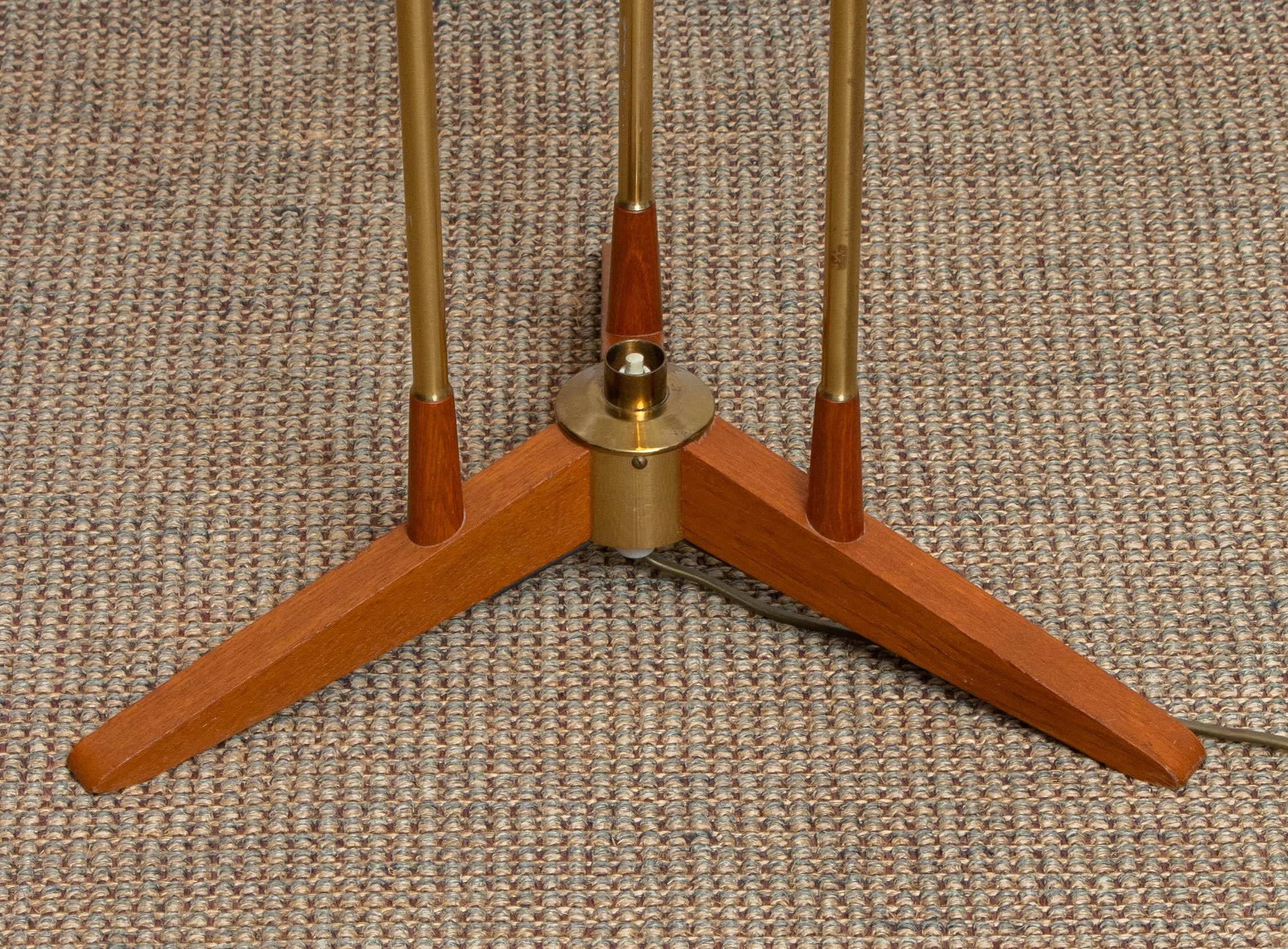 1950s, Scandinavian Three Shades Brass and Teak Floor Lamp by Möllers, Sweden 3