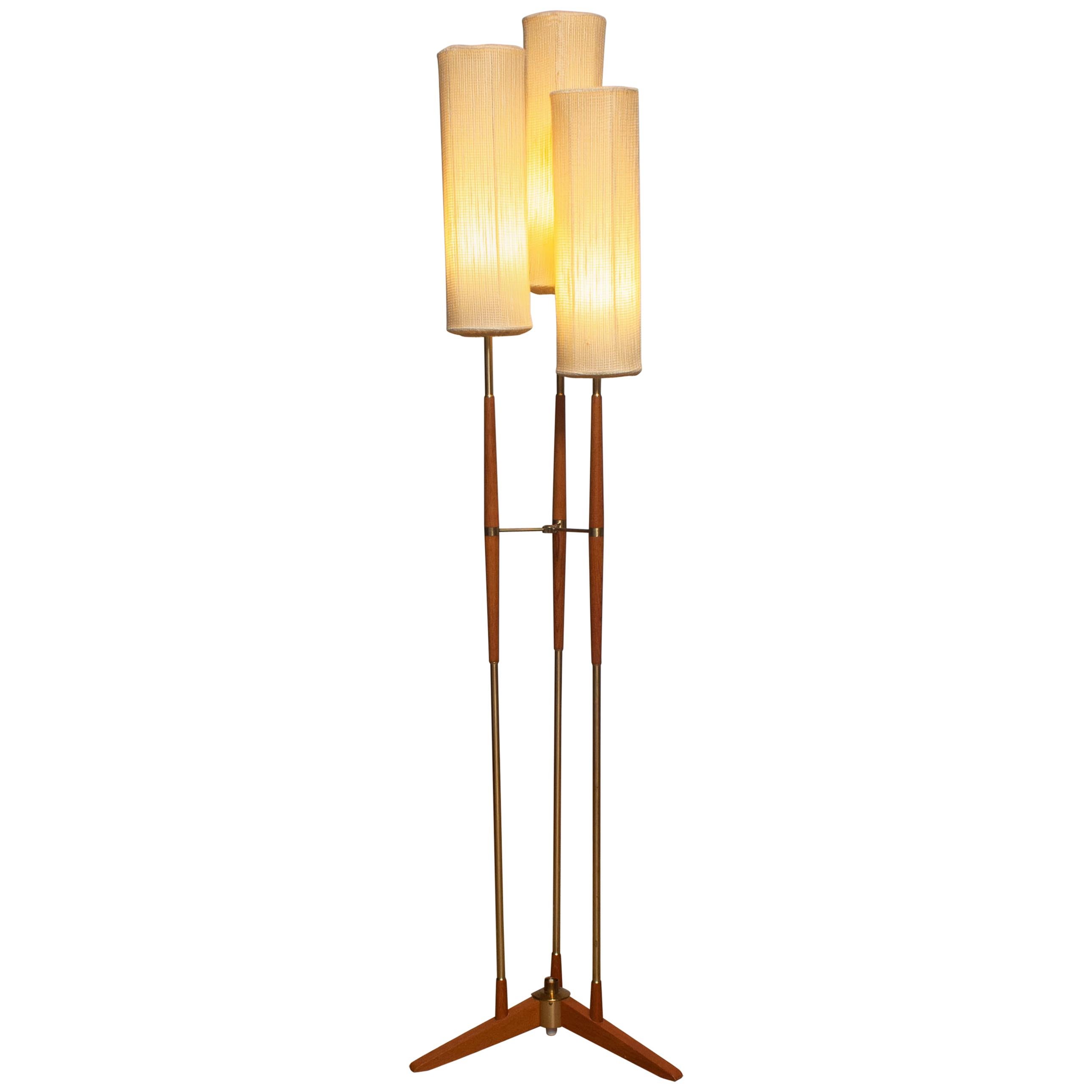 1950s, Scandinavian Three Shades Brass and Teak Floor Lamp by Möllers, Sweden