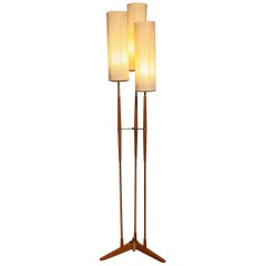 1950s, Scandinavian Three Shades Brass and Teak Floor Lamp by Möllers, Sweden