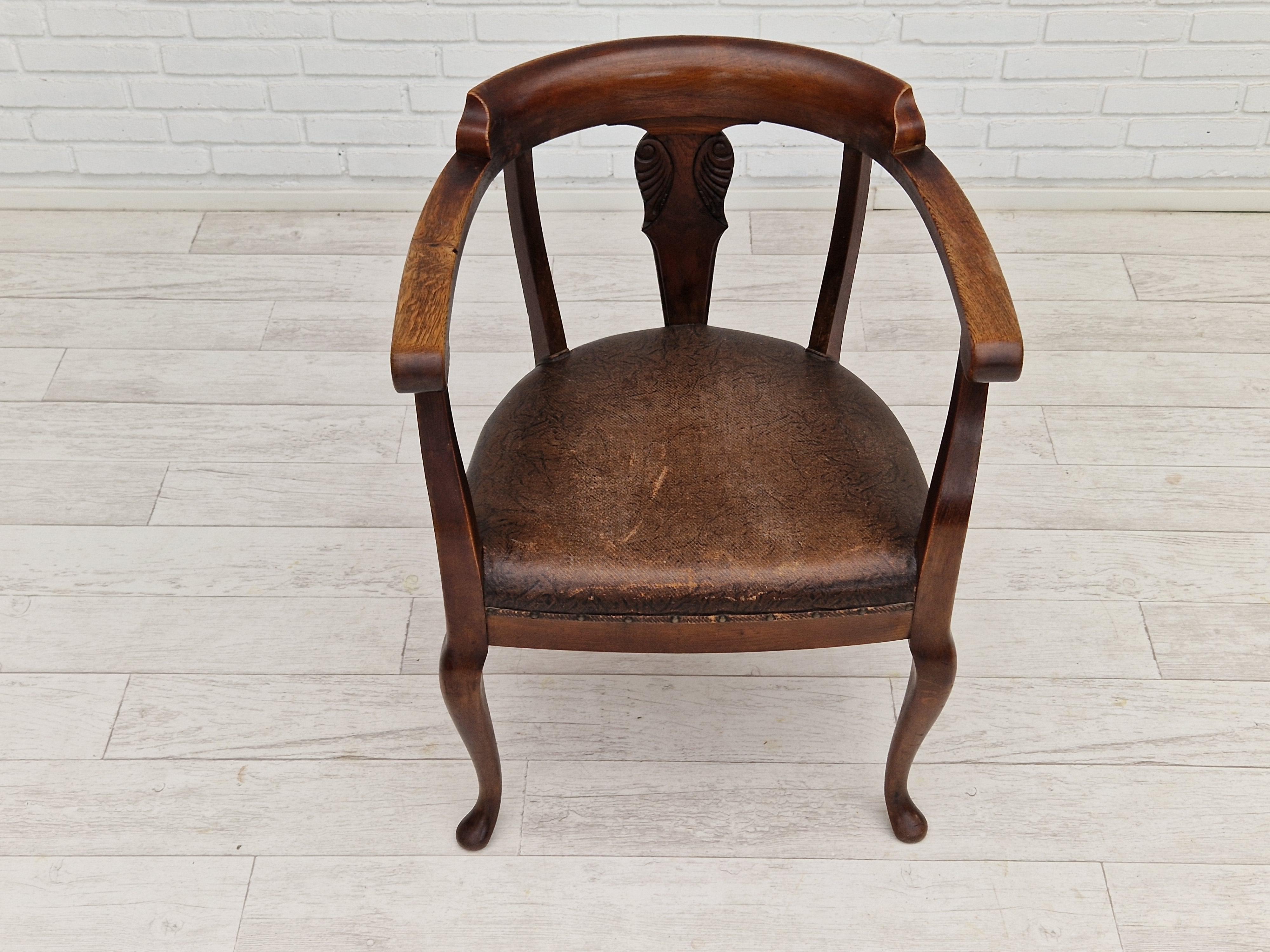 Danish 1950s, Scandinavian Vintage Armchair, Original Condition, Leather, Oak Wood For Sale