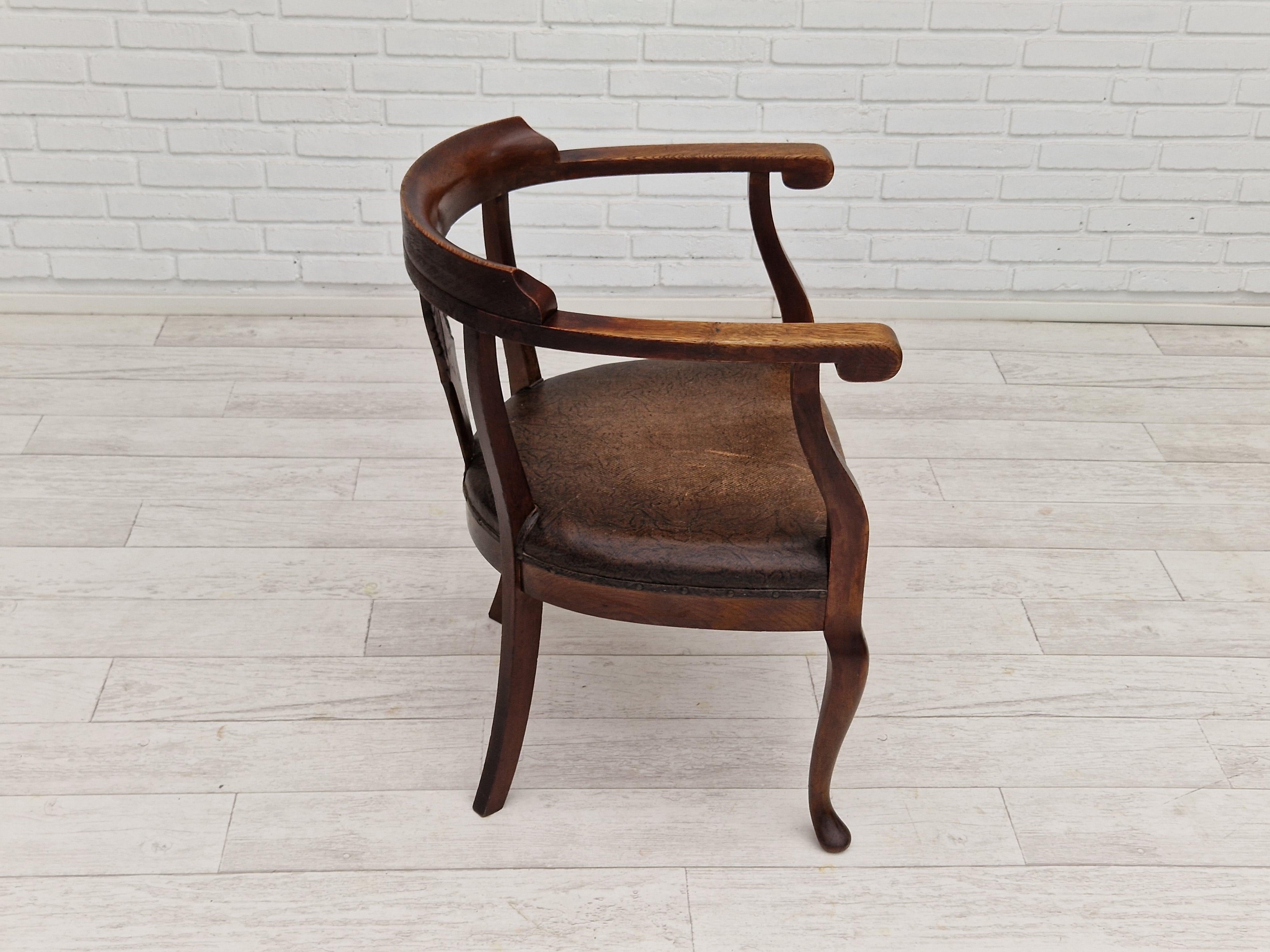 Mid-20th Century 1950s, Scandinavian Vintage Armchair, Original Condition, Leather, Oak Wood For Sale