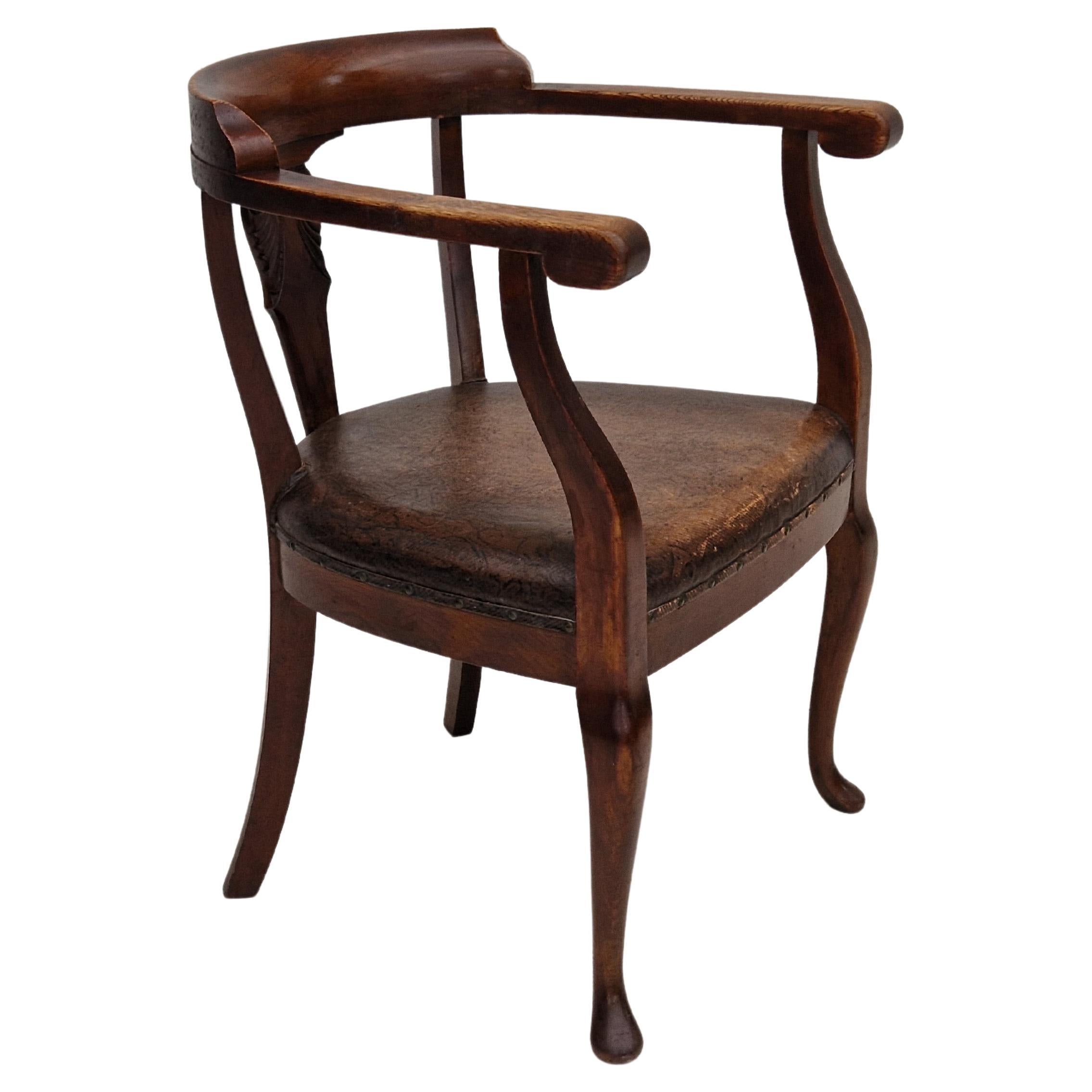 1950s, Scandinavian Vintage Armchair, Original Condition, Leather, Oak Wood For Sale