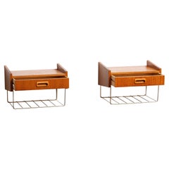 1950's Scandinavian Wall Mounted Bedside Tables / Night Stands in Teak and Brass