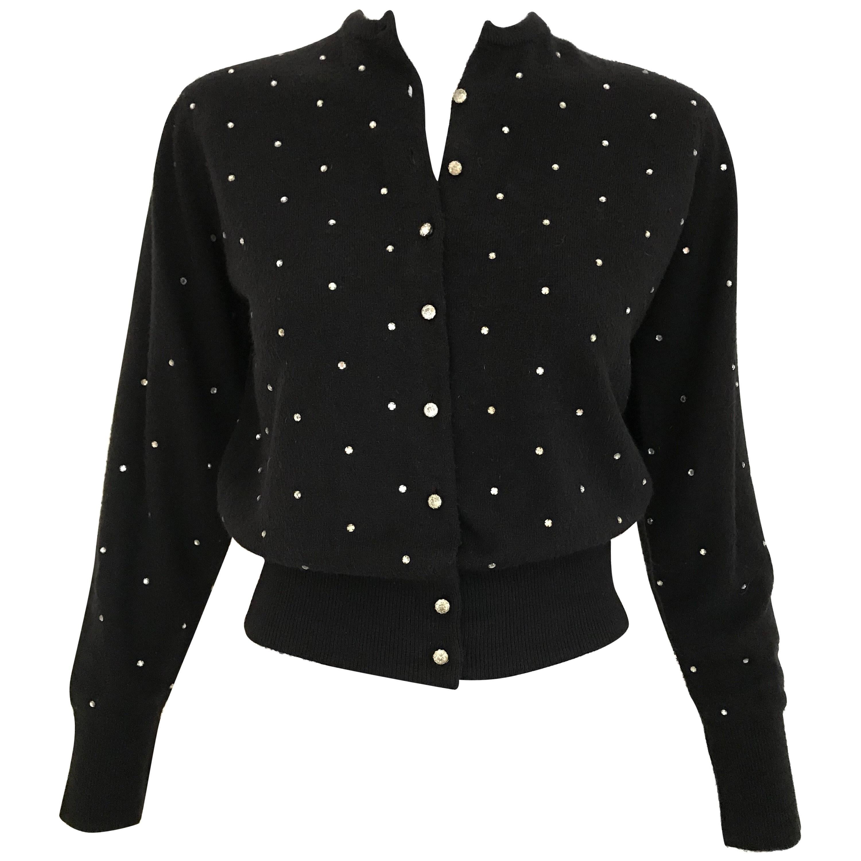 1950s Schiaparelli Black Cashmere Sweater With Rhinestones Embellishments