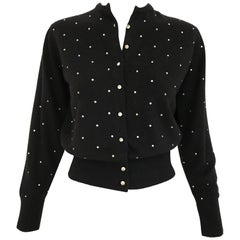 1950s Schiaparelli Black Cashmere Sweater With Rhinestones Embellishments