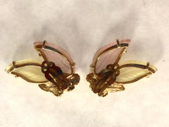 1950s Schiaparelli Frosted Glass Antiqued Goldtone Veined Leaf Clip Earrings