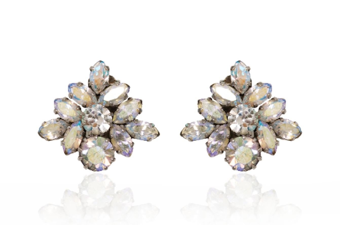 Original 1950s aurora borealis rhinestone crystal earrings by Schoffel & Co.  An innovative design produced around 1955 after the invention by a fellow Austrian crystal manufacturer, Daniel Swarovski, who began coating crystals with a special