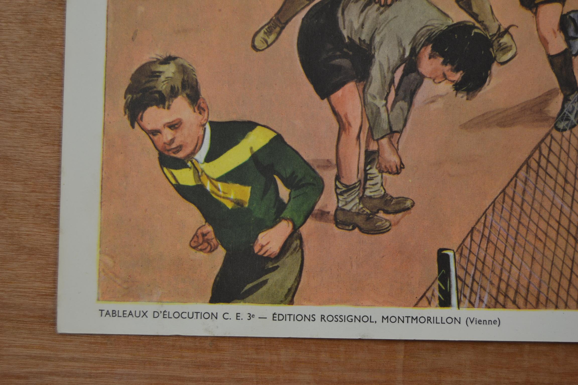 Tableau d'école des années 1950, au terrain de jeu d'une école, par Rossignol, France  6