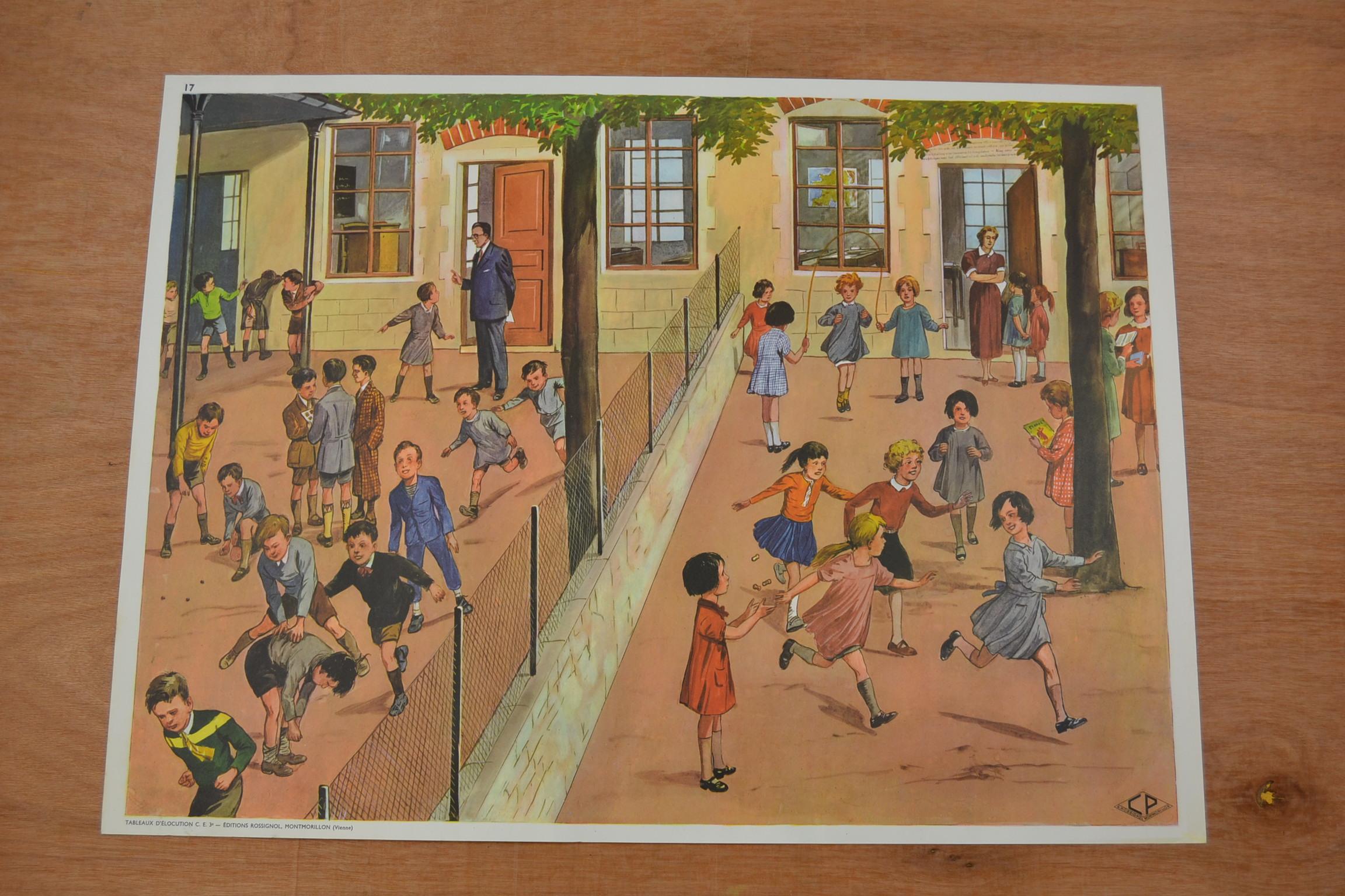 Tableau d'école des années 1950, au terrain de jeu d'une école, par Rossignol, France  7