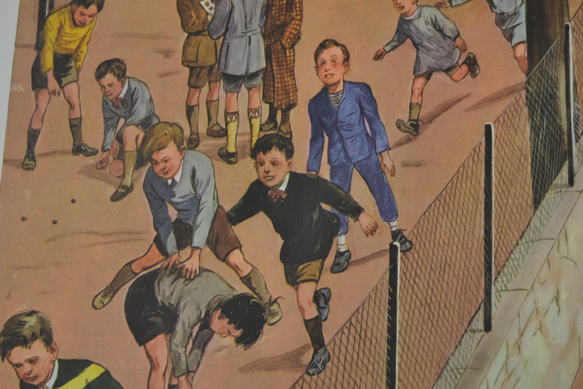 Français Tableau d'école des années 1950, au terrain de jeu d'une école, par Rossignol, France 