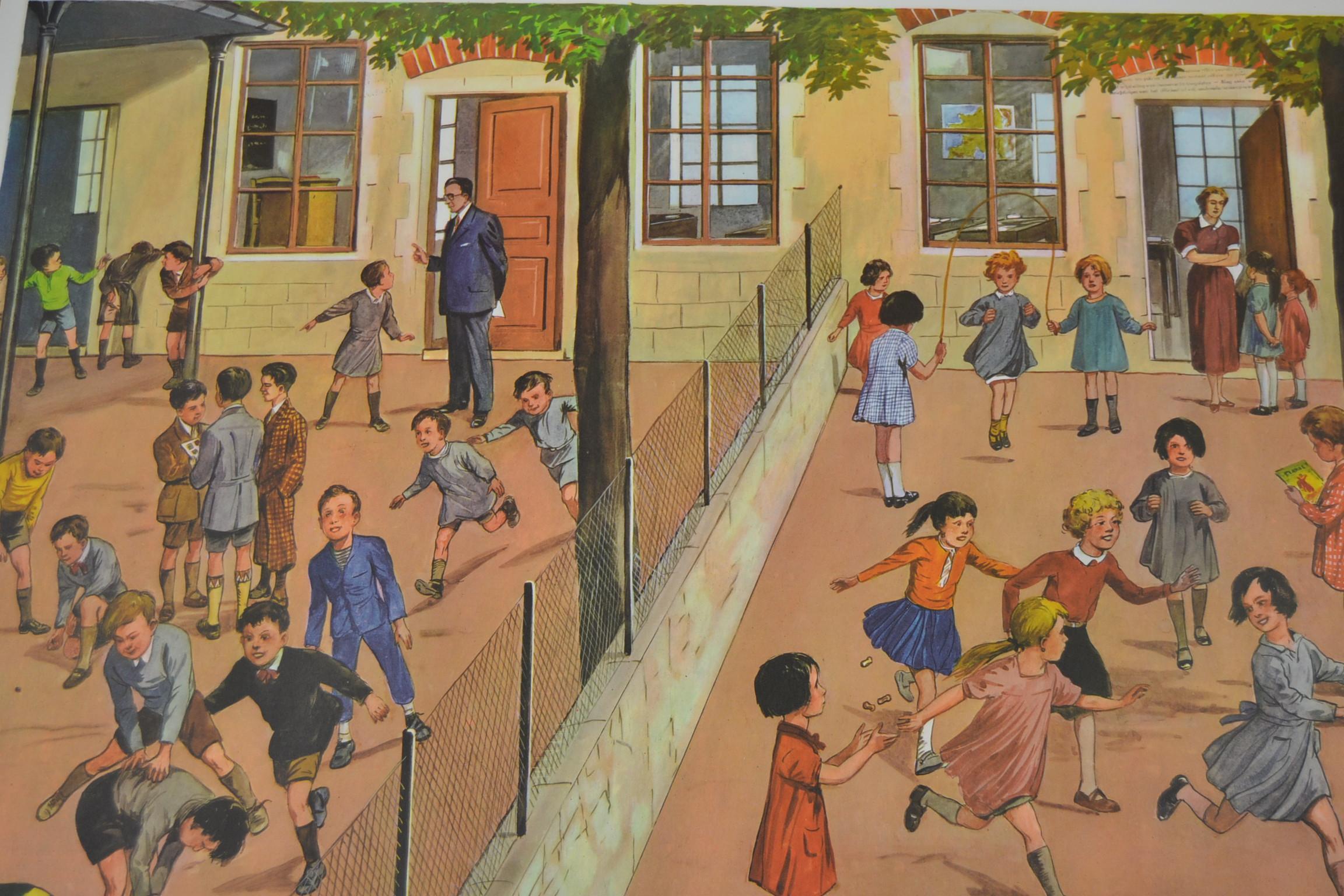 20ième siècle Tableau d'école des années 1950, au terrain de jeu d'une école, par Rossignol, France 