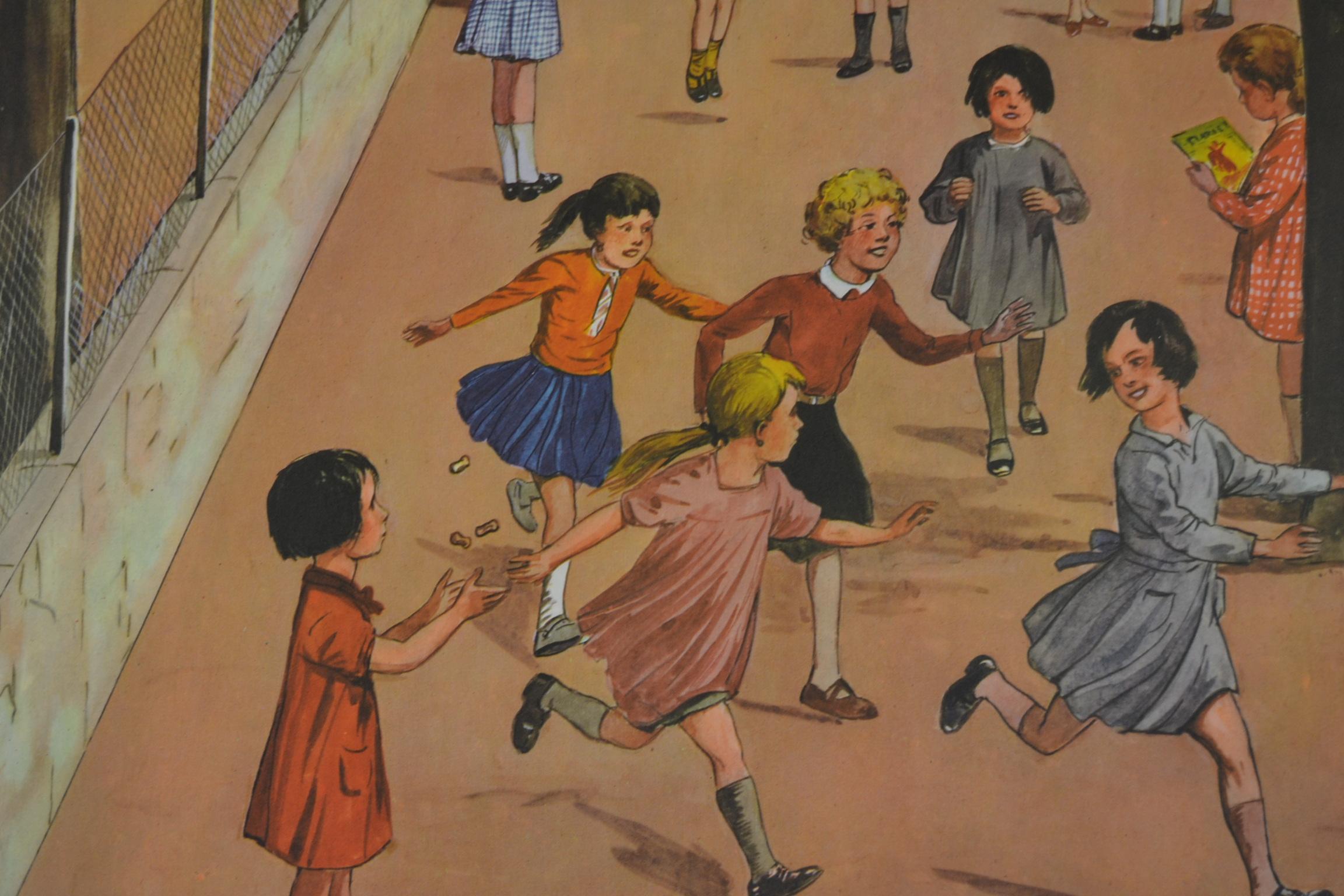 Papier Tableau d'école des années 1950, au terrain de jeu d'une école, par Rossignol, France 
