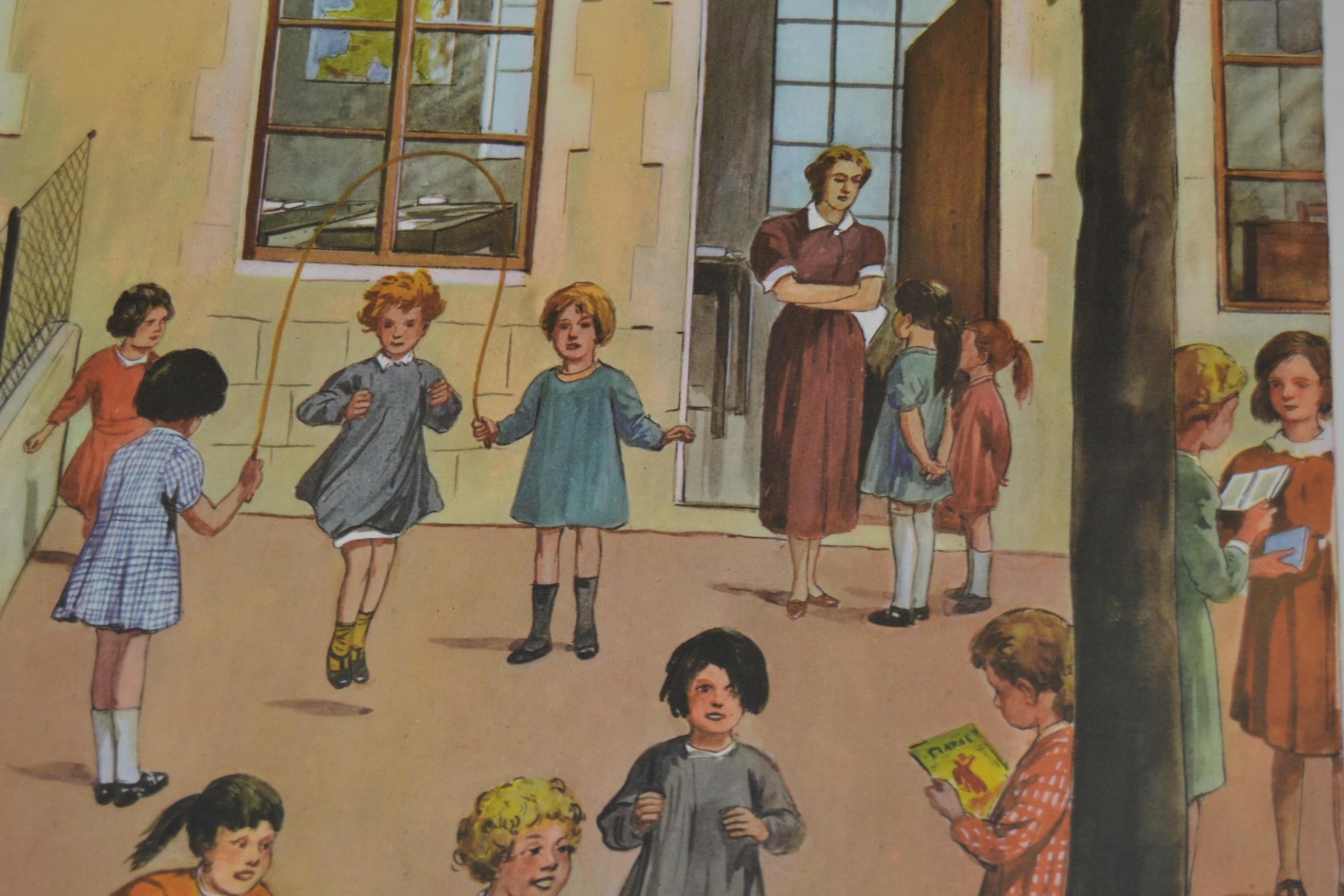 Tableau d'école des années 1950, au terrain de jeu d'une école, par Rossignol, France  2
