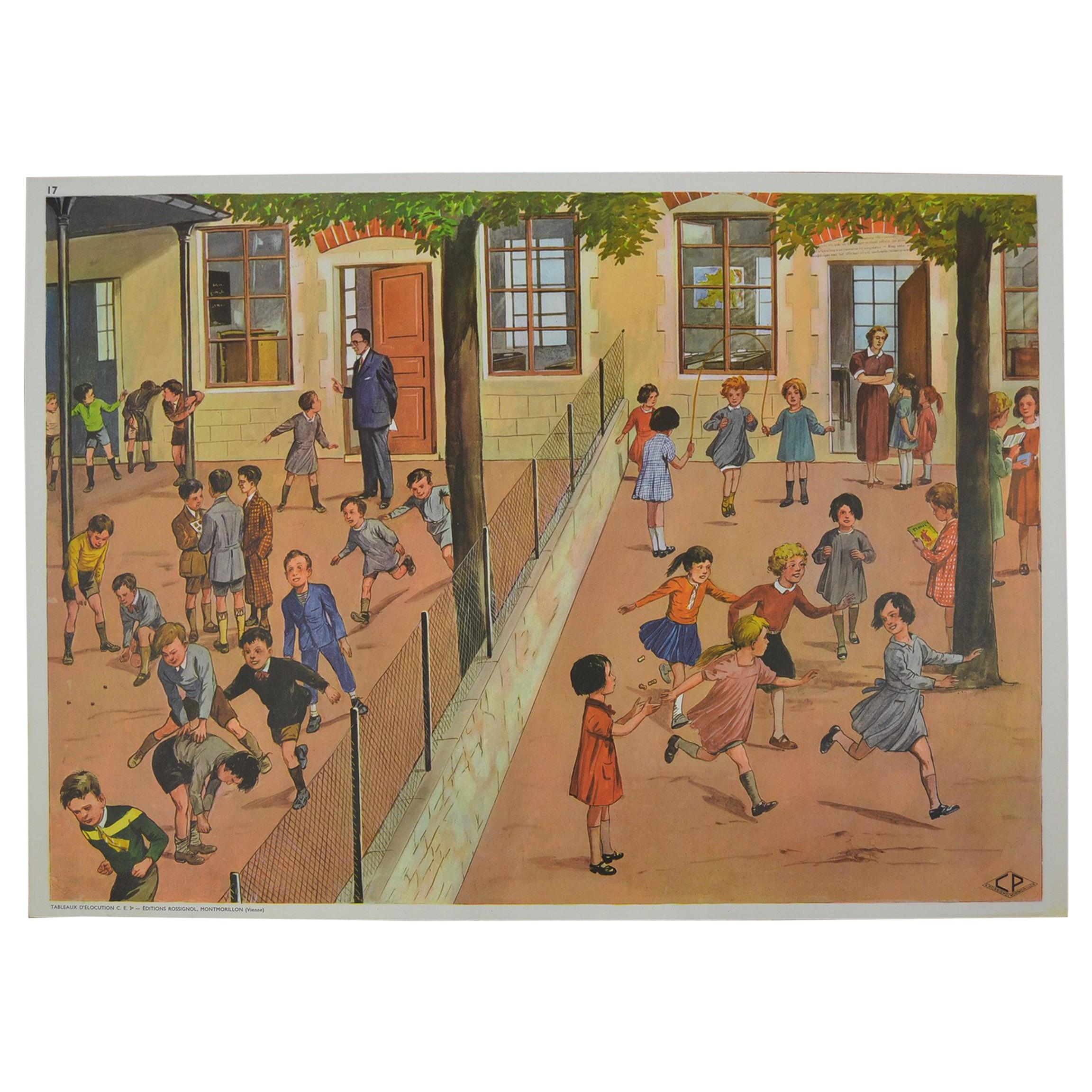 Tableau d'école des années 1950, au terrain de jeu d'une école, par Rossignol, France 