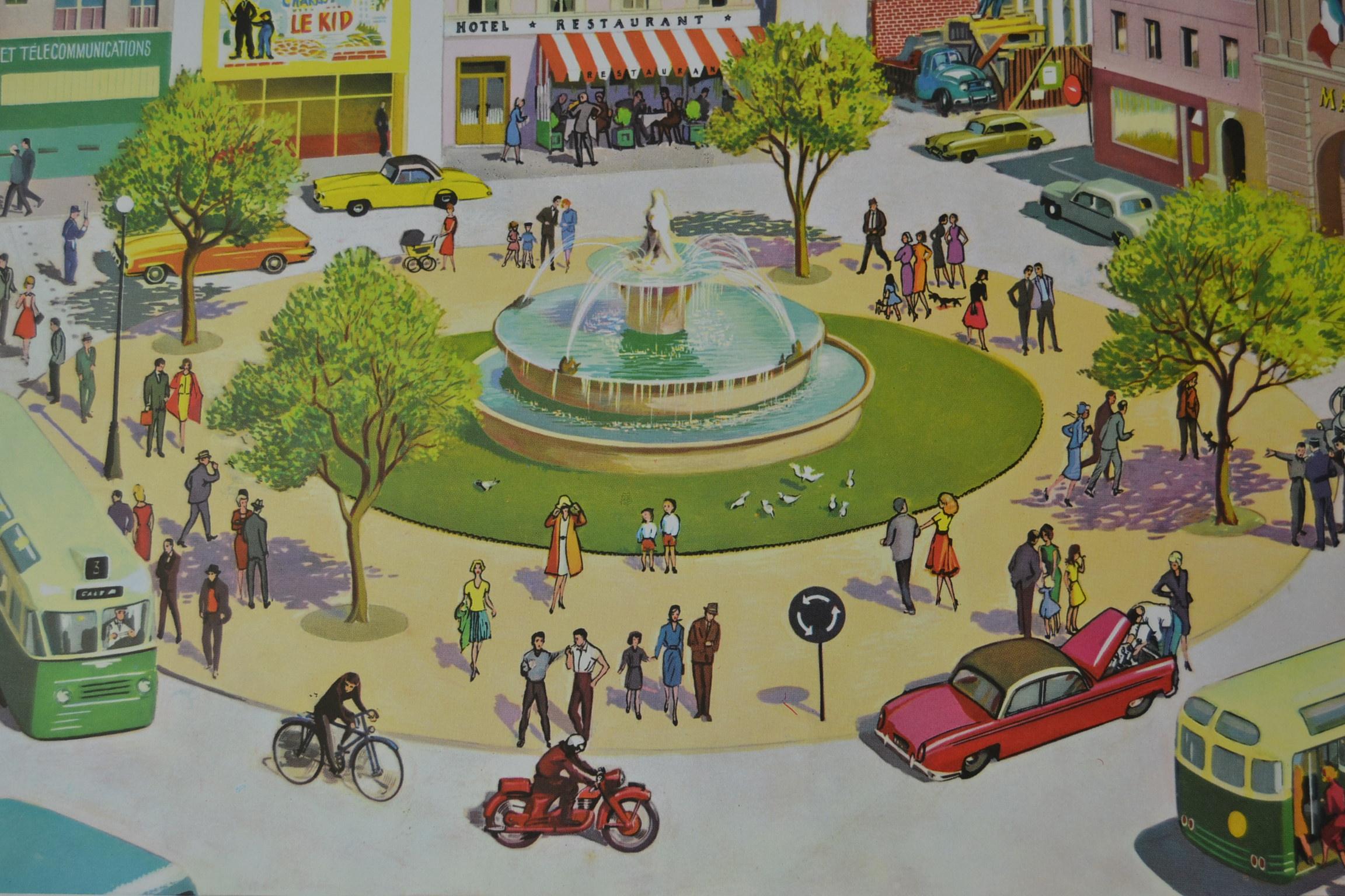 Vintage school chart: At the square, plaza .
Great view on a plaza:
Big roundabout with a fountain in the middle surrounded with trees,
traffic on the roundabout like cars, motorbikes, busses, bikes, pedestrians and also collapse and a car