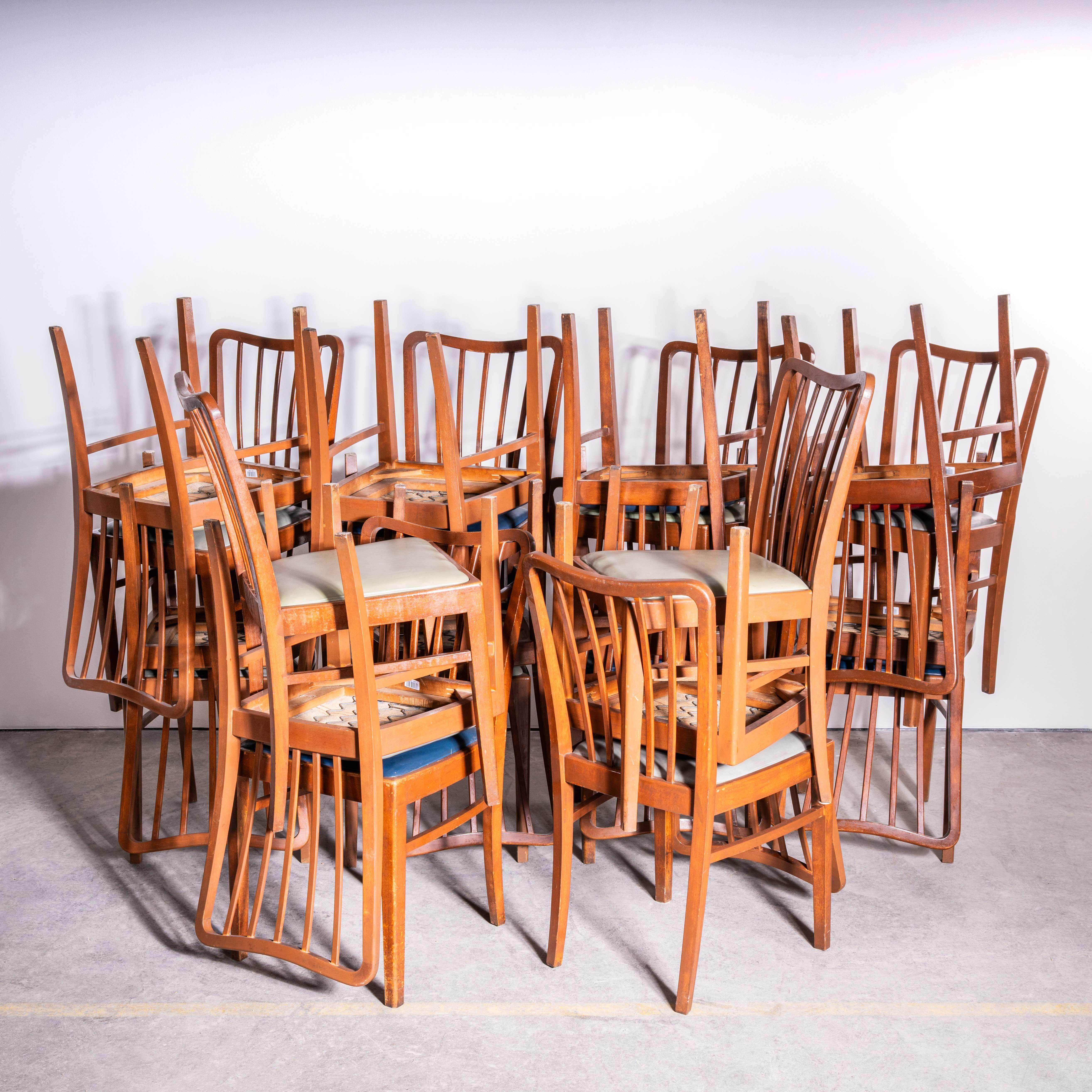 1950’s Scoop Back Upholstered Dining Chair By Ton – Good Quantity Available. 

These chairs were produced by the famous Czech firm Ton, still trading today and producing beautiful chairs, they are an offshoot of Thonet. We have gently restored the
