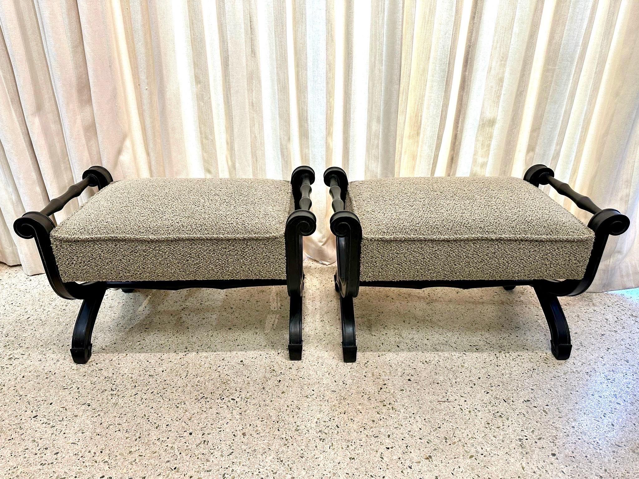 1950's Scrolled Carved Ebonized Wood Frame Benches/ Ottomans, Pair For Sale 4