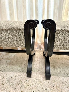 1950's Scrolled Carved Ebonized Wood Frame Benches/ Ottomans, Pair