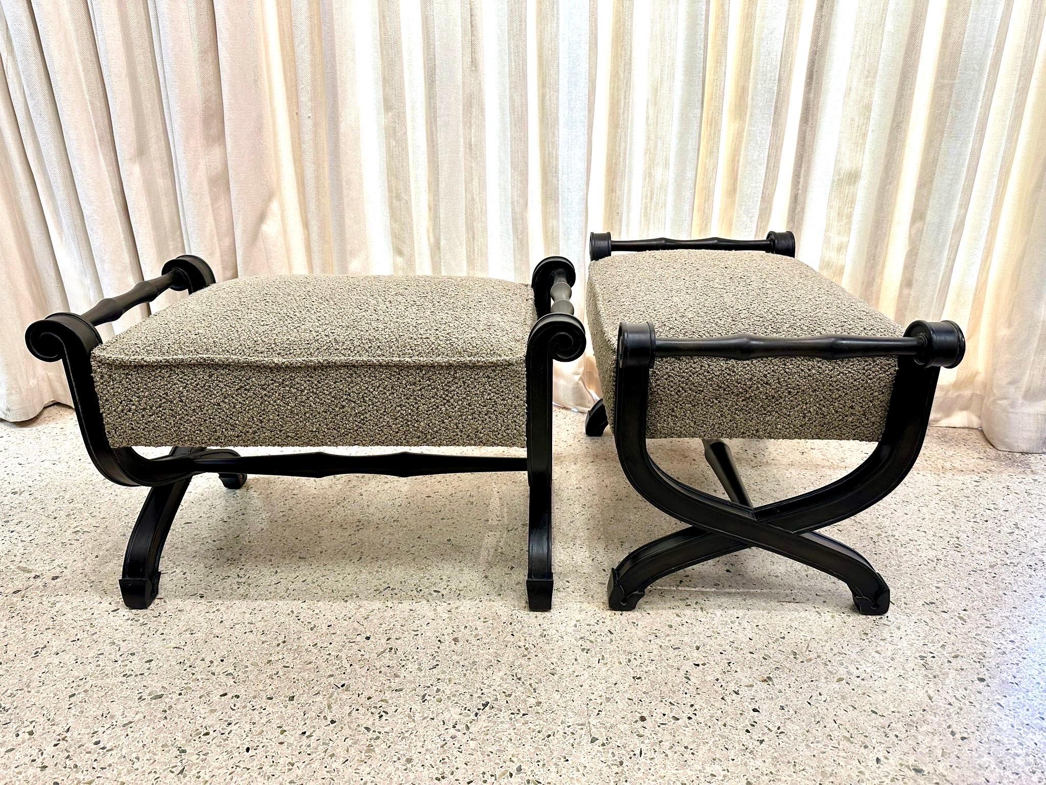 1950's Scrolled Carved Ebonized Wood Frame Benches/ Ottomans, Pair In Good Condition For Sale In East Hampton, NY