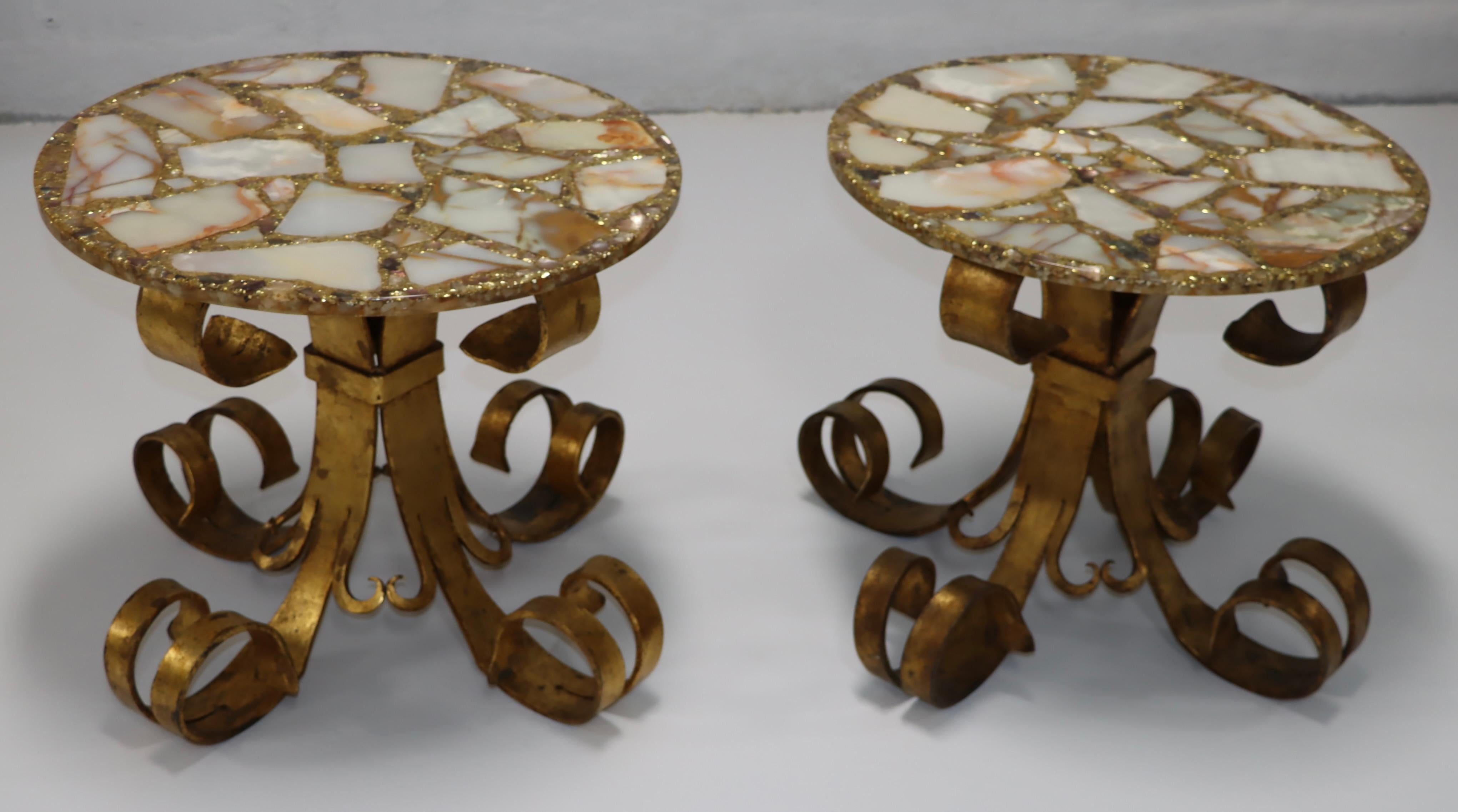 1950s Scrolled Gilt Iron French Side Tables With Onyx Resin Tops  For Sale 5