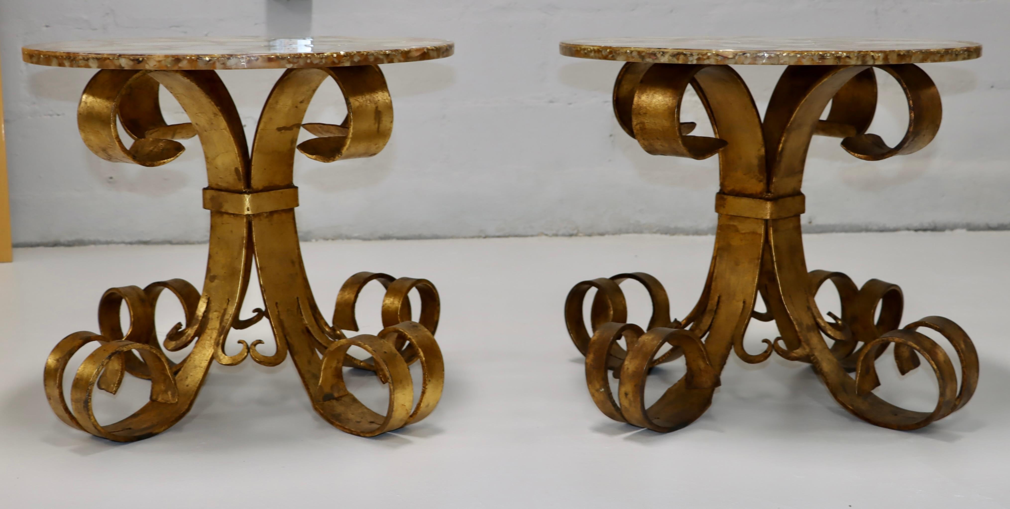 Hollywood Regency 1950s Scrolled Gilt Iron French Side Tables With Onyx Resin Tops  For Sale